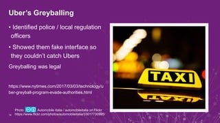 Uber’s Greyballing
• Identified police / local regulation
officers
• Showed them fake interface so
they couldn’t catch Ubers
Greyballing was legal
https://www.nytimes.com/2017/03/03/technology/u
ber-greyball-program-evade-authorities.html
14
Photo Automobile Italia / automobileitalia on Flickr
https://www.flickr.com/photos/automobileitalia/33017730995/
 
