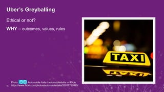 Uber’s Greyballing
Ethical or not?
WHY – outcomes, values, rules
15
Photo Automobile Italia / automobileitalia on Flickr
https://www.flickr.com/photos/automobileitalia/33017730995/
 