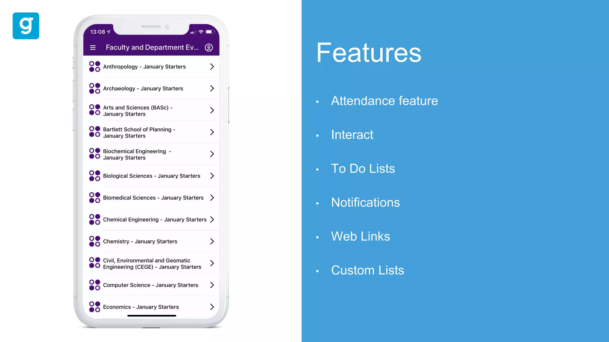 Features
• Attendance feature
• Interact
• To Do Lists
• Notifications
• Web Links
• Custom Lists
 