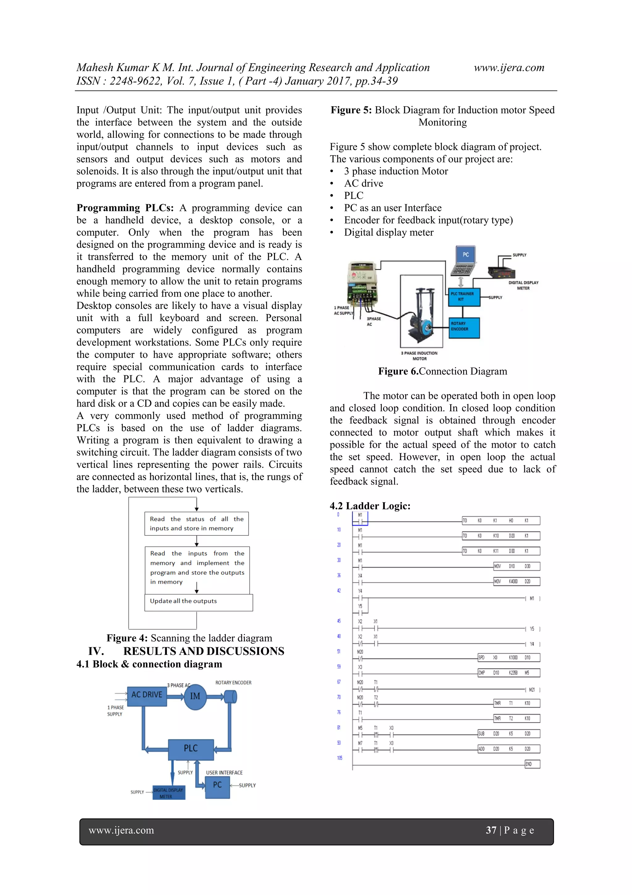 Mahesh Kumar K M. Int. Journal of Engineering Research and Application www.ijera.com
ISSN : 2248-9622, Vol. 7, Issue 1, ( Part -4) January 2017, pp.34-39
www.ijera.com 37 | P a g e
Input /Output Unit: The input/output unit provides
the interface between the system and the outside
world, allowing for connections to be made through
input/output channels to input devices such as
sensors and output devices such as motors and
solenoids. It is also through the input/output unit that
programs are entered from a program panel.
Programming PLCs: A programming device can
be a handheld device, a desktop console, or a
computer. Only when the program has been
designed on the programming device and is ready is
it transferred to the memory unit of the PLC. A
handheld programming device normally contains
enough memory to allow the unit to retain programs
while being carried from one place to another.
Desktop consoles are likely to have a visual display
unit with a full keyboard and screen. Personal
computers are widely configured as program
development workstations. Some PLCs only require
the computer to have appropriate software; others
require special communication cards to interface
with the PLC. A major advantage of using a
computer is that the program can be stored on the
hard disk or a CD and copies can be easily made.
A very commonly used method of programming
PLCs is based on the use of ladder diagrams.
Writing a program is then equivalent to drawing a
switching circuit. The ladder diagram consists of two
vertical lines representing the power rails. Circuits
are connected as horizontal lines, that is, the rungs of
the ladder, between these two verticals.
Figure 4: Scanning the ladder diagram
IV. RESULTS AND DISCUSSIONS
4.1 Block & connection diagram
Figure 5: Block Diagram for Induction motor Speed
Monitoring
Figure 5 show complete block diagram of project.
The various components of our project are:
• 3 phase induction Motor
• AC drive
• PLC
• PC as an user Interface
• Encoder for feedback input(rotary type)
• Digital display meter
Figure 6.Connection Diagram
The motor can be operated both in open loop
and closed loop condition. In closed loop condition
the feedback signal is obtained through encoder
connected to motor output shaft which makes it
possible for the actual speed of the motor to catch
the set speed. However, in open loop the actual
speed cannot catch the set speed due to lack of
feedback signal.
4.2 Ladder Logic:
 