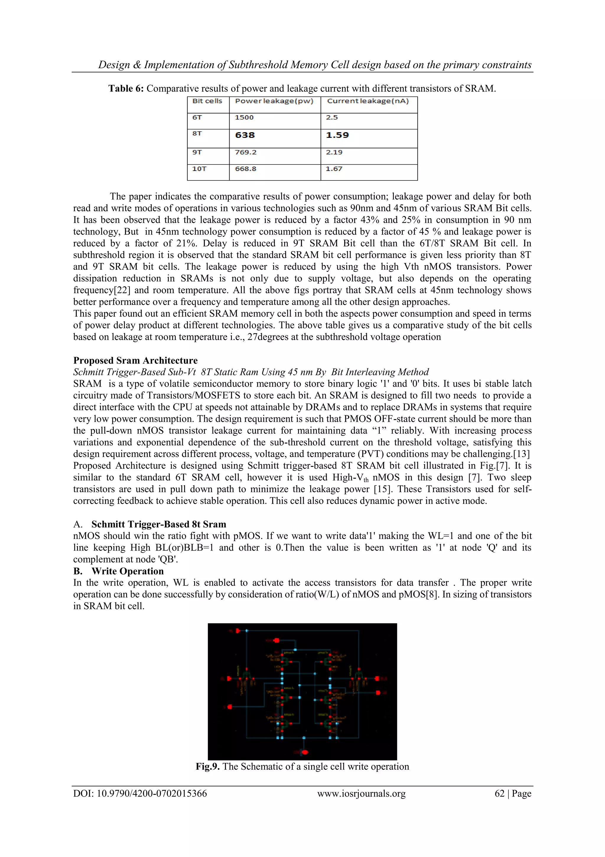Design & Implementation of Subthreshold Memory Cell design based on the primary constraints DOI: 10.9790/4200-0702015366 www.iosrjournals.org 62 | Page Table 6: Comparative results of power and leakage current with different transistors of SRAM. The paper indicates the comparative results of power consumption; leakage power and delay for both read and write modes of operations in various technologies such as 90nm and 45nm of various SRAM Bit cells. It has been observed that the leakage power is reduced by a factor 43% and 25% in consumption in 90 nm technology, But in 45nm technology power consumption is reduced by a factor of 45 % and leakage power is reduced by a factor of 21%. Delay is reduced in 9T SRAM Bit cell than the 6T/8T SRAM Bit cell. In subthreshold region it is observed that the standard SRAM bit cell performance is given less priority than 8T and 9T SRAM bit cells. The leakage power is reduced by using the high Vth nMOS transistors. Power dissipation reduction in SRAMs is not only due to supply voltage, but also depends on the operating frequency[22] and room temperature. All the above figs portray that SRAM cells at 45nm technology shows better performance over a frequency and temperature among all the other design approaches. This paper found out an efficient SRAM memory cell in both the aspects power consumption and speed in terms of power delay product at different technologies. The above table gives us a comparative study of the bit cells based on leakage at room temperature i.e., 27degrees at the subthreshold voltage operation Proposed Sram Architecture Schmitt Trigger-Based Sub-Vt 8T Static Ram Using 45 nm By Bit Interleaving Method SRAM is a type of volatile semiconductor memory to store binary logic '1' and '0' bits. It uses bi stable latch circuitry made of Transistors/MOSFETS to store each bit. An SRAM is designed to fill two needs to provide a direct interface with the CPU at speeds not attainable by DRAMs and to replace DRAMs in systems that require very low power consumption. The design requirement is such that PMOS OFF-state current should be more than the pull-down nMOS transistor leakage current for maintaining data “1” reliably. With increasing process variations and exponential dependence of the sub-threshold current on the threshold voltage, satisfying this design requirement across different process, voltage, and temperature (PVT) conditions may be challenging.[13] Proposed Architecture is designed using Schmitt trigger-based 8T SRAM bit cell illustrated in Fig.[7]. It is similar to the standard 6T SRAM cell, however it is used High-Vth nMOS in this design [7]. Two sleep transistors are used in pull down path to minimize the leakage power [15]. These Transistors used for self- correcting feedback to achieve stable operation. This cell also reduces dynamic power in active mode. A. Schmitt Trigger-Based 8t Sram nMOS should win the ratio fight with pMOS. If we want to write data'1' making the WL=1 and one of the bit line keeping High BL(or)BLB=1 and other is 0.Then the value is been written as '1' at node 'Q' and its complement at node 'QB'. B. Write Operation In the write operation, WL is enabled to activate the access transistors for data transfer . The proper write operation can be done successfully by consideration of ratio(W/L) of nMOS and pMOS[8]. In sizing of transistors in SRAM bit cell. Fig.9. The Schematic of a single cell write operation 