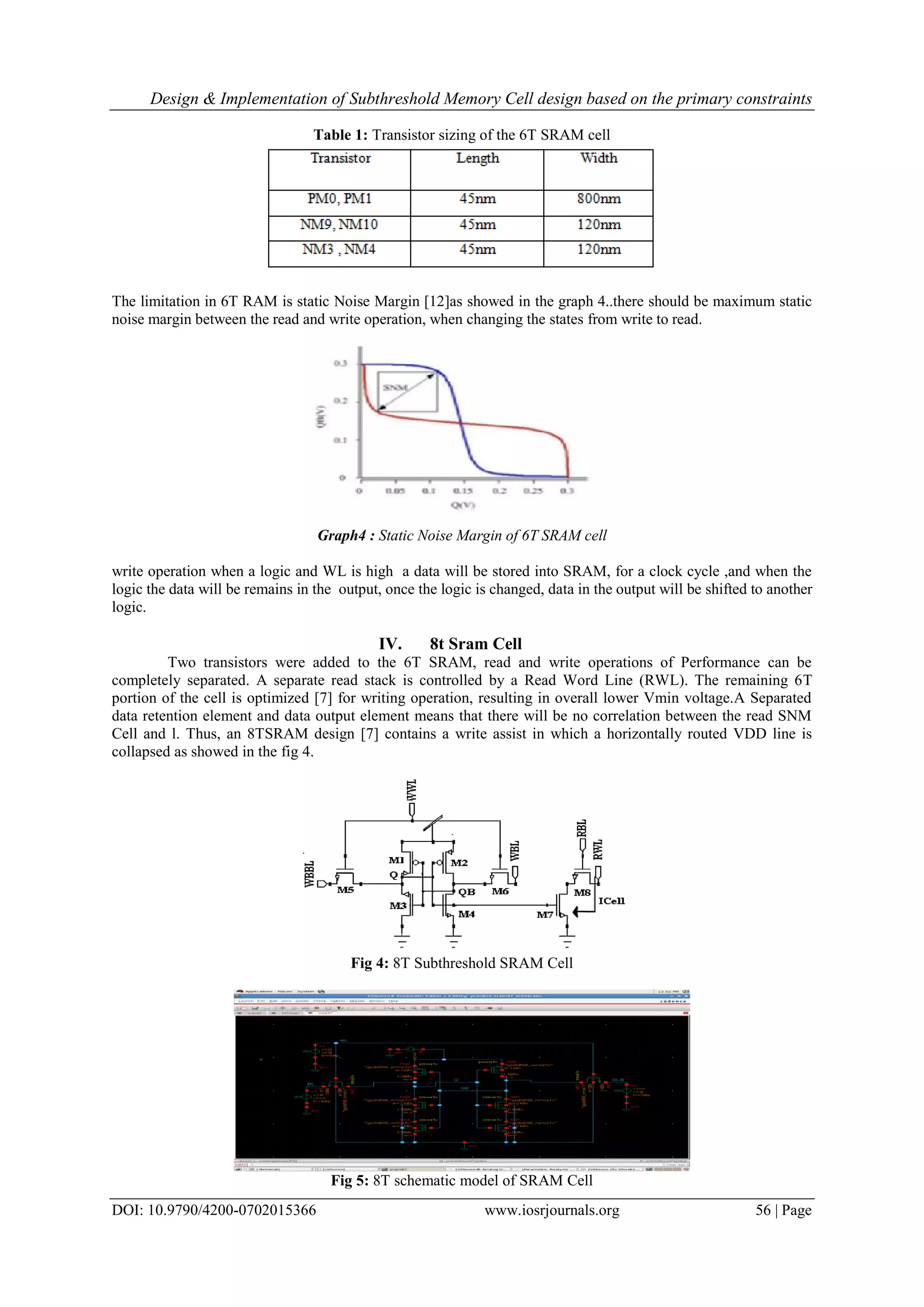 Design & Implementation of Subthreshold Memory Cell design based on the primary constraints DOI: 10.9790/4200-0702015366 www.iosrjournals.org 56 | Page Table 1: Transistor sizing of the 6T SRAM cell The limitation in 6T RAM is static Noise Margin [12]as showed in the graph 4..there should be maximum static noise margin between the read and write operation, when changing the states from write to read. Graph4 : Static Noise Margin of 6T SRAM cell write operation when a logic and WL is high a data will be stored into SRAM, for a clock cycle ,and when the logic the data will be remains in the output, once the logic is changed, data in the output will be shifted to another logic. IV. 8t Sram Cell Two transistors were added to the 6T SRAM, read and write operations of Performance can be completely separated. A separate read stack is controlled by a Read Word Line (RWL). The remaining 6T portion of the cell is optimized [7] for writing operation, resulting in overall lower Vmin voltage.A Separated data retention element and data output element means that there will be no correlation between the read SNM Cell and l. Thus, an 8TSRAM design [7] contains a write assist in which a horizontally routed VDD line is collapsed as showed in the fig 4. Fig 4: 8T Subthreshold SRAM Cell Fig 5: 8T schematic model of SRAM Cell 