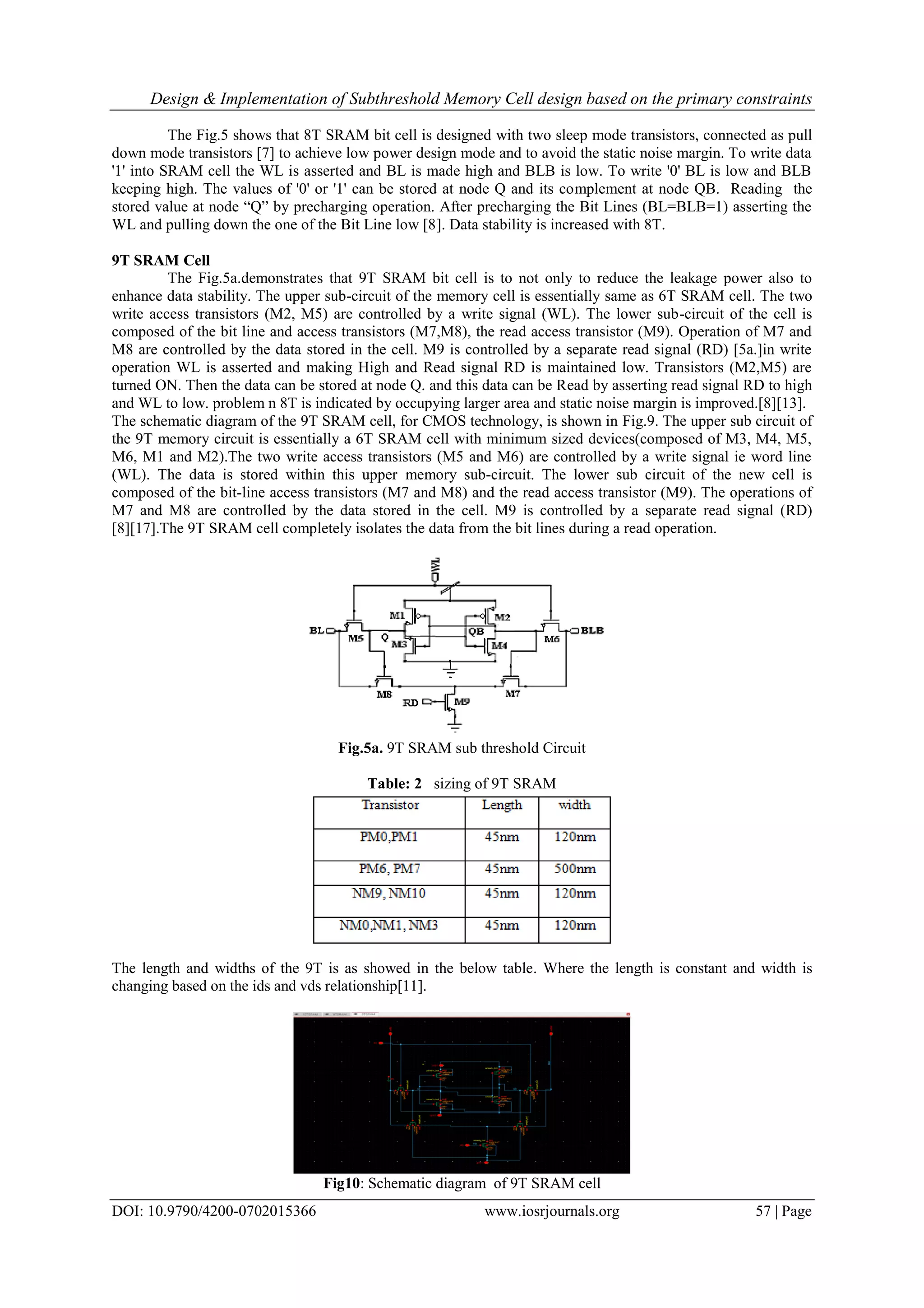 Design & Implementation of Subthreshold Memory Cell design based on the primary constraints DOI: 10.9790/4200-0702015366 www.iosrjournals.org 57 | Page The Fig.5 shows that 8T SRAM bit cell is designed with two sleep mode transistors, connected as pull down mode transistors [7] to achieve low power design mode and to avoid the static noise margin. To write data '1' into SRAM cell the WL is asserted and BL is made high and BLB is low. To write '0' BL is low and BLB keeping high. The values of '0' or '1' can be stored at node Q and its complement at node QB. Reading the stored value at node “Q” by precharging operation. After precharging the Bit Lines (BL=BLB=1) asserting the WL and pulling down the one of the Bit Line low [8]. Data stability is increased with 8T. 9T SRAM Cell The Fig.5a.demonstrates that 9T SRAM bit cell is to not only to reduce the leakage power also to enhance data stability. The upper sub-circuit of the memory cell is essentially same as 6T SRAM cell. The two write access transistors (M2, M5) are controlled by a write signal (WL). The lower sub-circuit of the cell is composed of the bit line and access transistors (M7,M8), the read access transistor (M9). Operation of M7 and M8 are controlled by the data stored in the cell. M9 is controlled by a separate read signal (RD) [5a.]in write operation WL is asserted and making High and Read signal RD is maintained low. Transistors (M2,M5) are turned ON. Then the data can be stored at node Q. and this data can be Read by asserting read signal RD to high and WL to low. problem n 8T is indicated by occupying larger area and static noise margin is improved.[8][13]. The schematic diagram of the 9T SRAM cell, for CMOS technology, is shown in Fig.9. The upper sub circuit of the 9T memory circuit is essentially a 6T SRAM cell with minimum sized devices(composed of M3, M4, M5, M6, M1 and M2).The two write access transistors (M5 and M6) are controlled by a write signal ie word line (WL). The data is stored within this upper memory sub-circuit. The lower sub circuit of the new cell is composed of the bit-line access transistors (M7 and M8) and the read access transistor (M9). The operations of M7 and M8 are controlled by the data stored in the cell. M9 is controlled by a separate read signal (RD) [8][17].The 9T SRAM cell completely isolates the data from the bit lines during a read operation. Fig.5a. 9T SRAM sub threshold Circuit Table: 2 sizing of 9T SRAM The length and widths of the 9T is as showed in the below table. Where the length is constant and width is changing based on the ids and vds relationship[11]. Fig10: Schematic diagram of 9T SRAM cell 