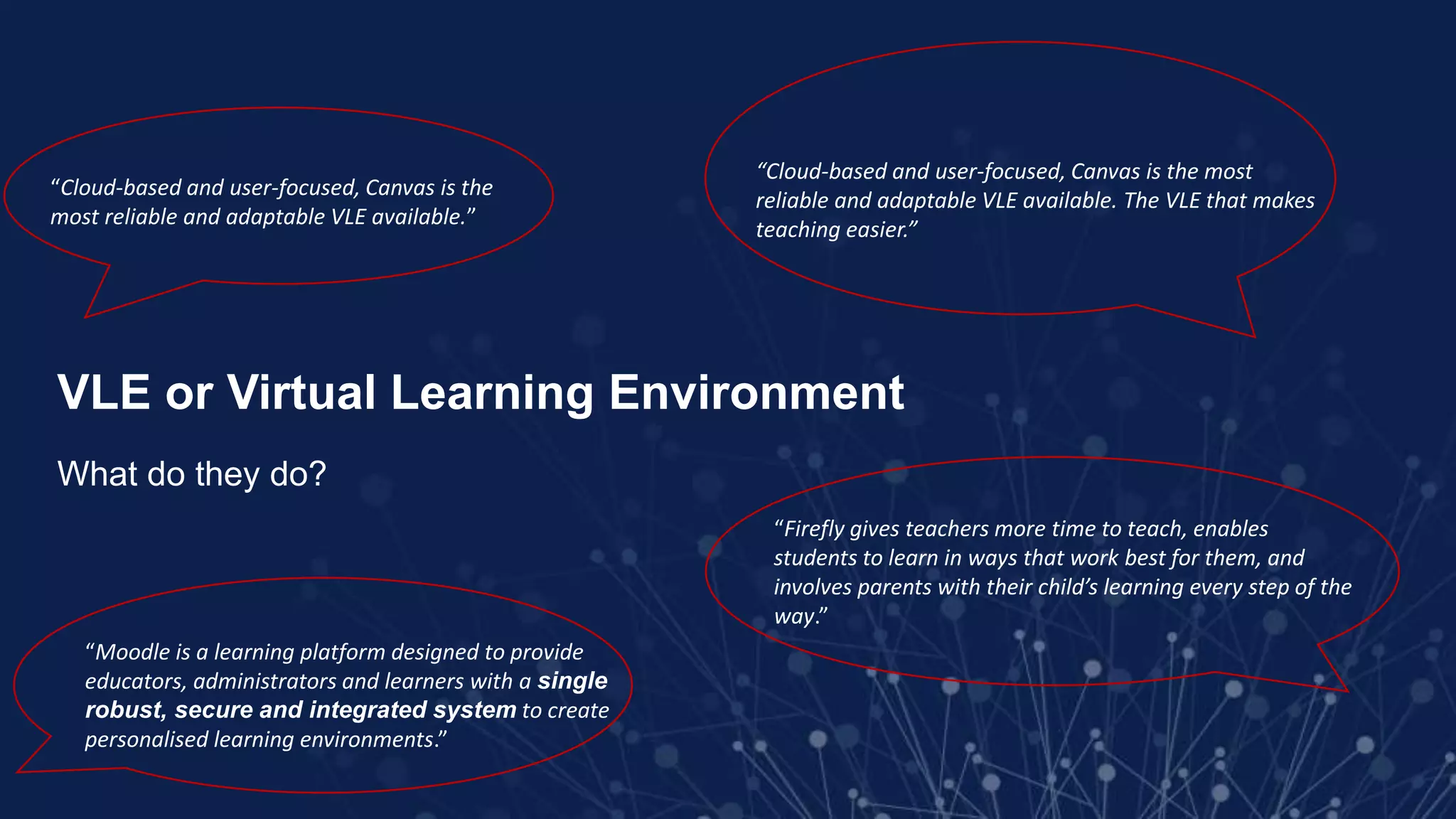 VLE or Virtual Learning Environment
What do they do?
“Cloud-based and user-focused, Canvas is the
most reliable and adaptable VLE available.”
“Cloud-based and user-focused, Canvas is the most
reliable and adaptable VLE available. The VLE that makes
teaching easier.”
“Firefly gives teachers more time to teach, enables
students to learn in ways that work best for them, and
involves parents with their child’s learning every step of the
way.”
“Moodle is a learning platform designed to provide
educators, administrators and learners with a single
robust, secure and integrated system to create
personalised learning environments.”
 