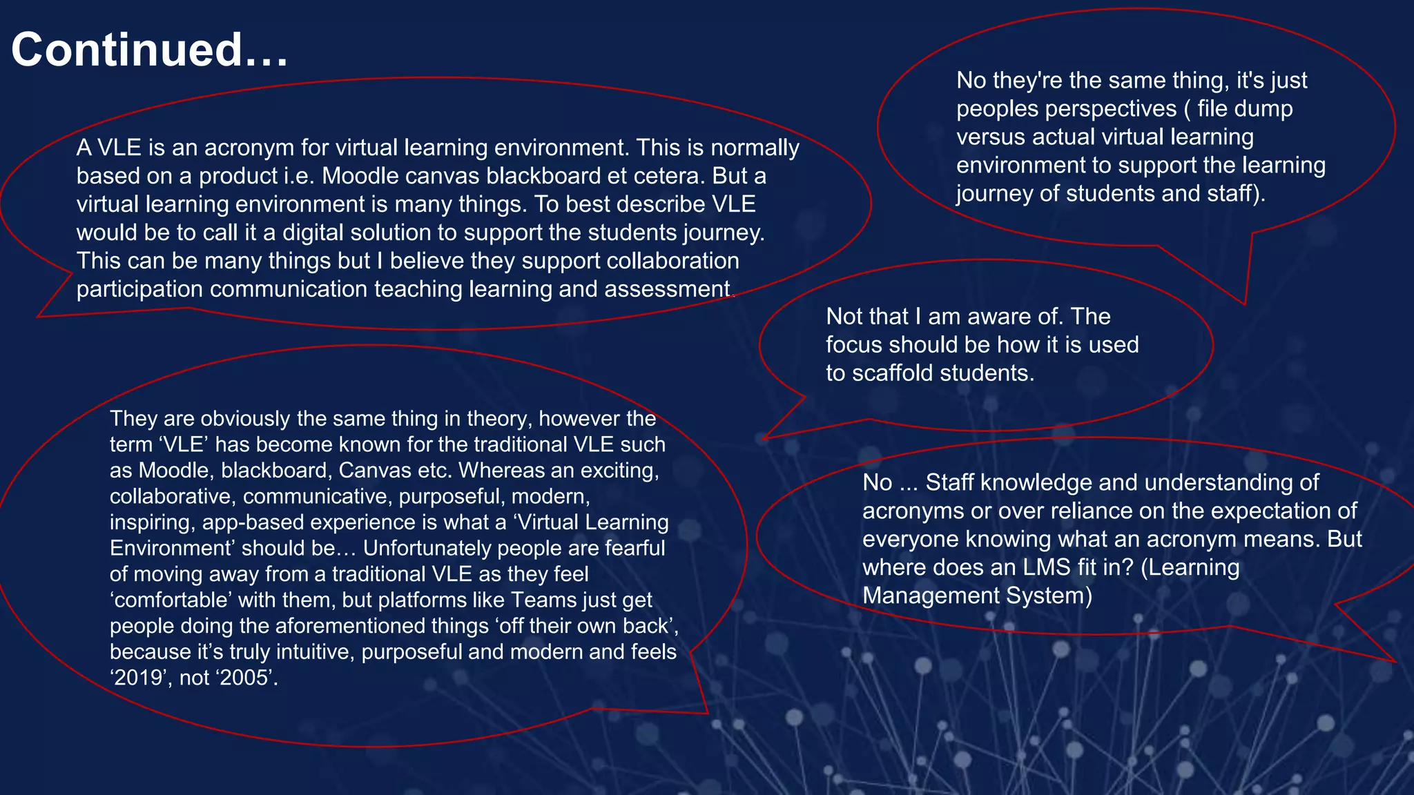 Continued…
A VLE is an acronym for virtual learning environment. This is normally
based on a product i.e. Moodle canvas blackboard et cetera. But a
virtual learning environment is many things. To best describe VLE
would be to call it a digital solution to support the students journey.
This can be many things but I believe they support collaboration
participation communication teaching learning and assessment.
Not that I am aware of. The
focus should be how it is used
to scaffold students.
No ... Staff knowledge and understanding of
acronyms or over reliance on the expectation of
everyone knowing what an acronym means. But
where does an LMS fit in? (Learning
Management System)
No they're the same thing, it's just
peoples perspectives ( file dump
versus actual virtual learning
environment to support the learning
journey of students and staff).
They are obviously the same thing in theory, however the
term ‘VLE’ has become known for the traditional VLE such
as Moodle, blackboard, Canvas etc. Whereas an exciting,
collaborative, communicative, purposeful, modern,
inspiring, app-based experience is what a ‘Virtual Learning
Environment’ should be… Unfortunately people are fearful
of moving away from a traditional VLE as they feel
‘comfortable’ with them, but platforms like Teams just get
people doing the aforementioned things ‘off their own back’,
because it’s truly intuitive, purposeful and modern and feels
‘2019’, not ‘2005’.
 