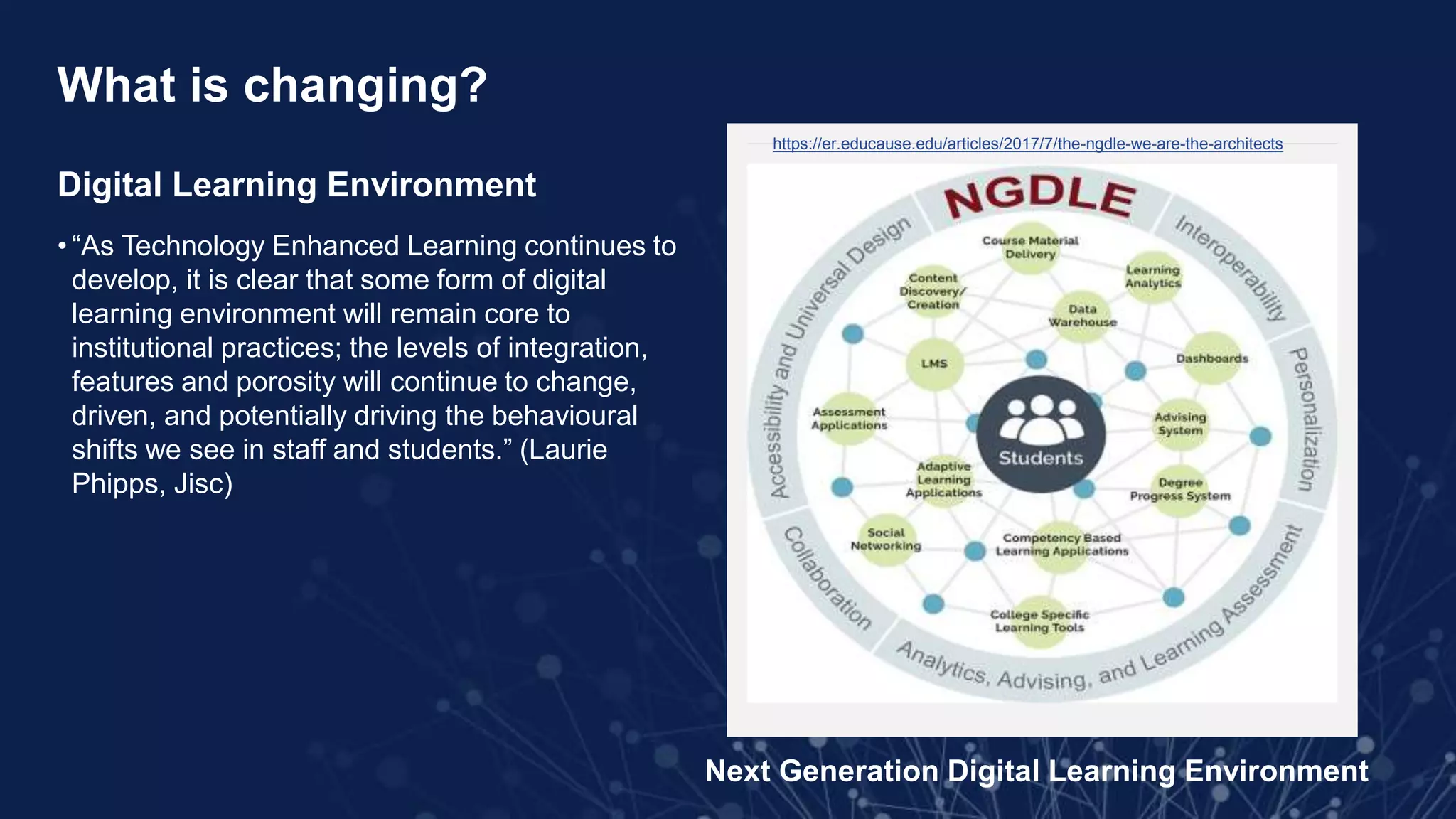 What is changing?
Digital Learning Environment
• “As Technology Enhanced Learning continues to
develop, it is clear that some form of digital
learning environment will remain core to
institutional practices; the levels of integration,
features and porosity will continue to change,
driven, and potentially driving the behavioural
shifts we see in staff and students.” (Laurie
Phipps, Jisc)
Next Generation Digital Learning Environment
https://er.educause.edu/articles/2017/7/the-ngdle-we-are-the-architects
 
