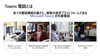 Teams 電話とは
簡単なセットアップや
管理
予算にあわせて信頼性の
高いデバイスを提供
全ての電話機能を備えた、最新の音声プラットフォームである
Microsoft Teams の外線電話
通話をワークフローに
シームレスに統合
最新/従来の音声通話機
能、両方を提供
 