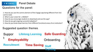 Suppor
t
Questions for the panel:
Recruitment
Panel Debate
Employability
Lifelong Learning
Onboarding
Time Saving
Safe Guarding
1. How do you see the comms element of the Engage app being different from VLE
comms tools
2. What is your vision for a NGDLE?
3. How do you encourage students to download and use the app?
4. How do you get ongoing successful adoption?
5. How do you break down barriers from different functional areas of an institution?
Staff
Training
Suggested question themes
 