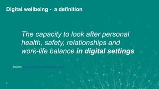 Digital wellbeing - a definition
The capacity to look after personal
health, safety, relationships and
work-life balance in digital settings
Source: Jisc Six Elements of Digital Literacy
6
 