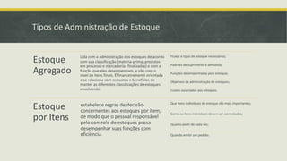 Tipos de Administração de Estoque 
Estoque 
Agregado 
Lida com a administração dos estoques de acordo 
com sua classificação (matéria-prima, produtos 
em processo e mercadorias finalizadas) e com a 
função que eles desempenham, e não com o 
nível de itens finais. É financeiramente orientada 
e se relaciona com os custos e benefícios de 
manter as diferentes classificações de estoques 
envolvendo: 
Fluxos e tipos de estoque necessários; 
Padrões de suprimento e demanda; 
Funções desempenhadas pelo estoque; 
Objetivos da administração de estoques; 
Custos associados aos estoques. 
Estoque 
por Itens 
estabelece regras de decisão 
concernentes aos estoques por item, 
de modo que o pessoal responsável 
pelo controle de estoques possa 
desempenhar suas funções com 
eficiência. 
Que itens individuais de estoque são mais importantes; 
Como os itens individuais devem ser controlados; 
Quanto pedir de cada vez; 
Quando emitir um pedido. 
 