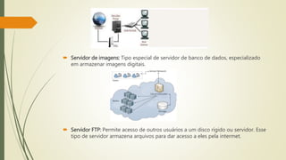  Servidor de imagens: Tipo especial de servidor de banco de dados, especializado
em armazenar imagens digitais.
 Servidor FTP: Permite acesso de outros usuários a um disco rígido ou servidor. Esse
tipo de servidor armazena arquivos para dar acesso a eles pela intermet.
 