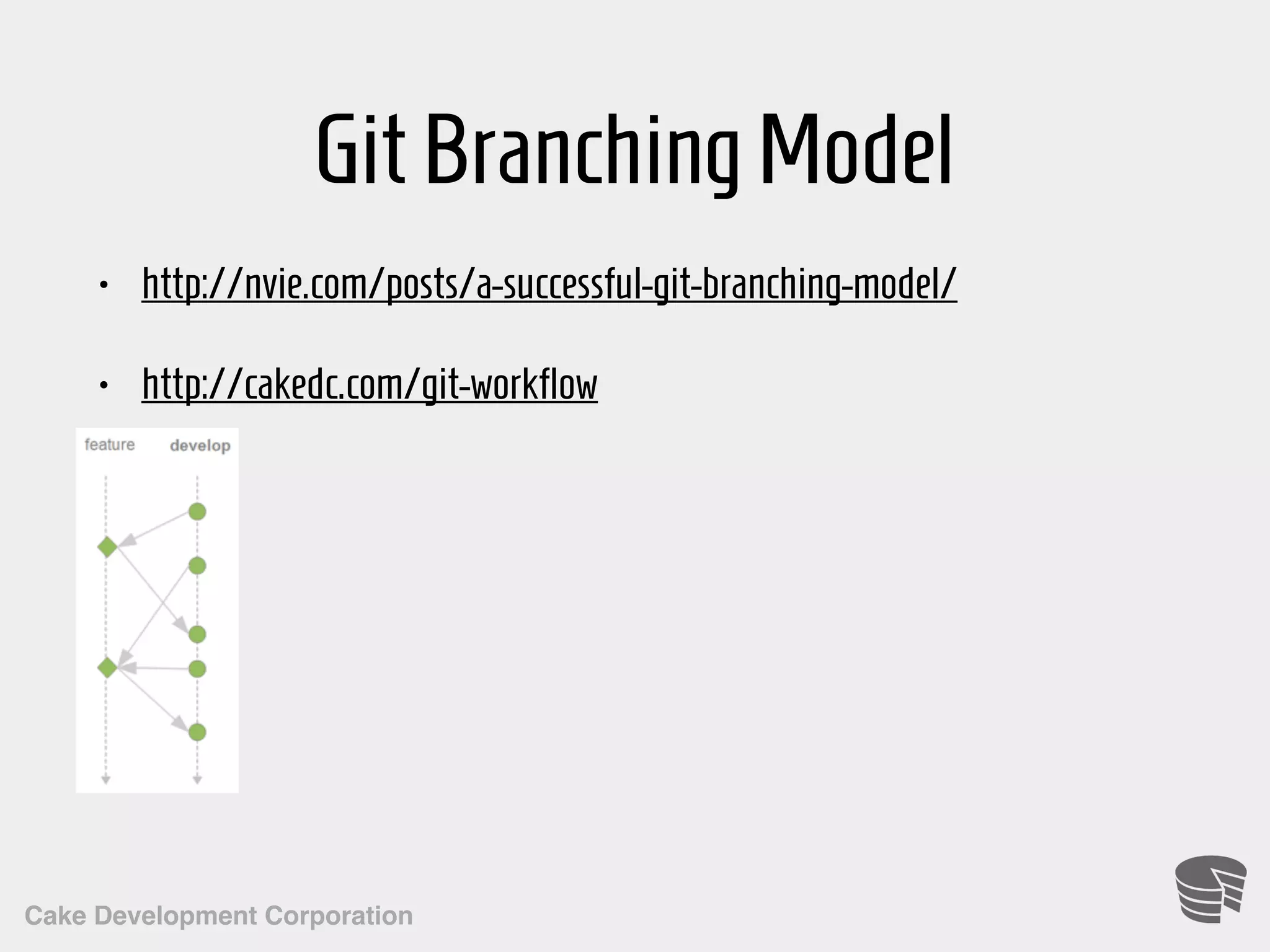 Cake Development Corporation GitBranchingModel • http://nvie.com/posts/a-successful-git-branching-model/ • http://cakedc.com/git-workflow 