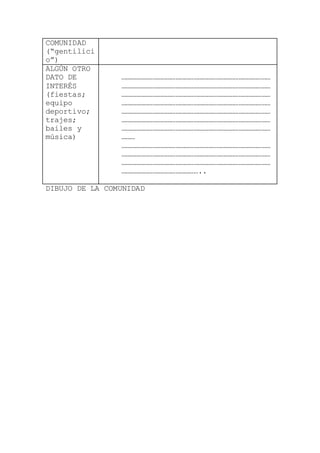 COMUNIDAD
(“gentilici
o”)
ALGÚN OTRO
DATO DE
INTERÉS
(fiestas;
equipo
deportivo;
trajes;
bailes y
música)
………………………………………………………………………………………
………………………………………………………………………………………
………………………………………………………………………………………
………………………………………………………………………………………
………………………………………………………………………………………
………………………………………………………………………………………
………………………………………………………………………………………
………
………………………………………………………………………………………
………………………………………………………………………………………
………………………………………………………………………………………
……………………………………………..
DIBUJO DE LA COMUNIDAD
 