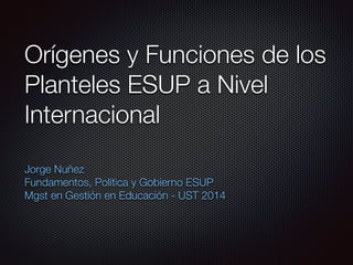 Orígenes y Funciones de los
Planteles ESUP a Nivel
Internacional
Jorge Nuñez
Fundamentos, Política y Gobierno ESUP
Mgst en Gestión en Educación - UST 2014
 