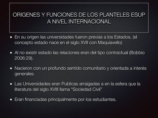 ORIGENES Y FUNCIONES DE LOS PLANTELES ESUP
A NIVEL INTERNACIONAL
En su origen las universidades fueron previas a los Estados, (el
concepto estado nace en el siglo XVII con Maquiavello)
Al no existir estado las relaciones eran del tipo contractual (Bobbio
2006:29).
Nacieron con un profundo sentido comunitario y orientada a interés
generales.
Las Universidades eran Publicas arraigadas a en la esfera que la
literatura del siglo XVIII llama “Sociedad Civil”
Eran ﬁnanciadas principalmente por los estudiantes.
 