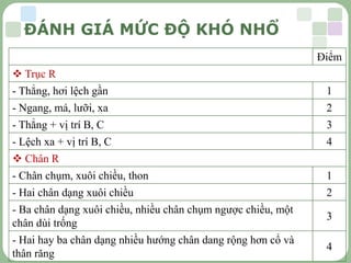 LOGO
ĐÁNH GIÁ MỨC ĐỘ KHÓ NHỔ
Điểm
 Trục R
- Thẳng, hơi lệch gần 1
- Ngang, má, lưỡi, xa 2
- Thẳng + vị trí B, C 3
- Lệch xa + vị trí B, C 4
 Chân R
- Chân chụm, xuôi chiều, thon 1
- Hai chân dạng xuôi chiều 2
- Ba chân dạng xuôi chiều, nhiều chân chụm ngược chiều, một
chân dùi trống
3
- Hai hay ba chân dạng nhiều hướng chân dang rộng hơn cổ và
thân răng
4
 