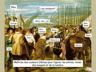 Les couleurs? Orange Rose et or Bleu Marron Bleu, Rose Vert Bleu, orange Blanc Blanc Blanc Blanc, bleu, vert Maîtrise des couleurs (tâches pour figurer les arbres, rendu  des nuages) et de la lumière. 
