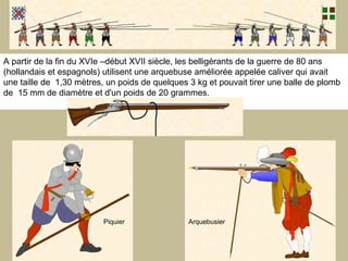 A partir de la fin du XVIe –début XVII siècle, les belligérants de la guerre de 80 ans (hollandais et espagnols) utilisent une arquebuse améliorée appelée caliver qui avait une taille de  1,30 mètres, un poids de quelques 3 kg et pouvait tirer une balle de plomb de  15 mm de diamètre et d'un poids de 20 grammes.   Arquebusier Piquier 