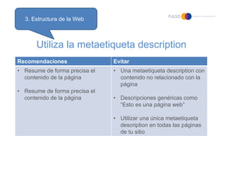 3. Estructura de la Web



      Utiliza la metaetiqueta description
Recomendaciones                Evitar
• Resume de forma precisa el   • Una metaetiqueta description con
  contenido de la página         contenido no relacionado con la
                                 página
• Resume de forma precisa el
  contenido de la página       • Descripciones genéricas como
                                 “Esto es una página web”

                               • Utilizar una única metaetiqueta
                                 description en todas las páginas
                                 de tu sitio
 