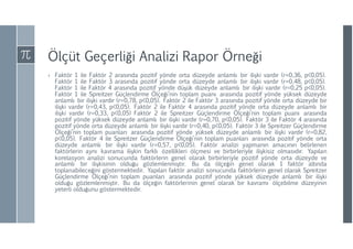 Ölçüt Geçerliği Analizi Rapor Örneği
› Faktör 1 ile Faktör 2 arasında pozitif yönde orta düzeyde anlamlı bir ilişki vardır (r=0,36, p<0,05).
Faktör 1 ile Faktör 3 arasında pozitif yönde orta düzeyde anlamlı bir ilişki vardır (r=0,48, p<0,05).
Faktör 1 ile Faktör 4 arasında pozitif yönde düşük düzeyde anlamlı bir ilişki vardır (r=0,25 p<0,05).
Faktör 1 ile Spreitzer Güçlendirme Ölçeği’nin toplam puanı arasında pozitif yönde yüksek düzeyde
anlamlı bir ilişki vardır (r=0,78, p<0,05). Faktör 2 ile Faktör 3 arasında pozitif yönde orta düzeyde bir
ilişki vardır (r=0,43, p<0,05). Faktör 2 ile Faktör 4 arasında pozitif yönde orta düzeyde anlamlı bir
ilişki vardır (r=0,33, p<0,05) Faktör 2 ile Spreitzer Güçlendirme Ölçeği’nin toplam puanı arasında
pozitif yönde yüksek düzeyde anlamlı bir ilişki vardır (r=0,70, p<0,05). Faktör 3 ile Faktör 4 arasında
pozitif yönde orta düzeyde anlamlı bir ilişki vardır (r=0,40, p<0,05). Faktör 3 ile Spreitzer Güçlendirme
Ölçeği’nin toplam puanları arasında pozitif yönde yüksek düzeyde anlamlı bir ilişki vardır (r=0,82,
p<0,05). Faktör 4 ile Spreitzer Güçlendirme Ölçeği’nin toplam puanları arasında pozitif yönde orta
düzeyde anlamlı bir ilişki vardır (r=0,57, p<0,05). Faktör analizi yapmanın amacının belirlenen
faktörlerin aynı kavrama ilişkin farklı özellikleri ölçmesi ve birbirleriyle ilişkisiz olmasıdır. Yapılan
korelasyon analizi sonucunda faktörlerin genel olarak birbirleriyle pozitif yönde orta düzeyde ve
anlamlı bir ilişkisinin olduğu gözlemlenmiştir. Bu da ölçeğin genel olarak 1 faktör altında
toplanabileceğini göstermektedir. Yapılan faktör analizi sonucunda faktörlerin genel olarak Spreitzer
Güçlendirme Ölçeği’nin toplam puanları arasında pozitif yönde yüksek düzeyde anlamlı bir ilişki
olduğu gözlemlenmiştir. Bu da ölçeğin faktörlerinin genel olarak bir kavramı ölçebilme düzeyinin
yeterli olduğunu göstermektedir.
 