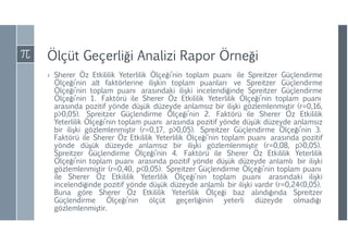 Ölçüt Geçerliği Analizi Rapor Örneği
› Sherer Öz Etkililik Yeterlilik Ölçeği’nin toplam puanı ile Spreitzer Güçlendirme
Ölçeği’nin alt faktörlerine ilişkin toplam puanları ve Spreitzer Güçlendirme
Ölçeği’nin toplam puanı arasındaki ilişki incelendiğinde Spreitzer Güçlendirme
Ölçeği’nin 1. Faktörü ile Sherer Öz Etkililik Yeterlilik Ölçeği’nin toplam puanı
arasında pozitif yönde düşük düzeyde anlamsız bir ilişki gözlemlenmiştir (r=0,16,
p>0,05). Spreitzer Güçlendirme Ölçeği’nin 2. Faktörü ile Sherer Öz Etkililik
Yeterlilik Ölçeği’nin toplam puanı arasında pozitif yönde düşük düzeyde anlamsız
bir ilişki gözlemlenmiştir (r=0,17, p>0,05). Spreitzer Güçlendirme Ölçeği’nin 3.
Faktörü ile Sherer Öz Etkililik Yeterlilik Ölçeği’nin toplam puanı arasında pozitif
yönde düşük düzeyde anlamsız bir ilişki gözlemlenmiştir (r=0,08, p>0,05).
Spreitzer Güçlendirme Ölçeği’nin 4. Faktörü ile Sherer Öz Etkililik Yeterlilik
Ölçeği’nin toplam puanı arasında pozitif yönde düşük düzeyde anlamlı bir ilişki
gözlemlenmiştir (r=0,40, p<0,05). Spreitzer Güçlendirme Ölçeği’nin toplam puanı
ile Sherer Öz Etkililik Yeterlilik Ölçeği’nin toplam puanı arasındaki ilişki
incelendiğinde pozitif yönde düşük düzeyde anlamlı bir ilişki vardır (r=0,24<0,05).
Buna göre Sherer Öz Etkililik Yeterlilik Ölçeği baz alındığında Spreitzer
Güçlendirme Ölçeği’nin ölçüt geçerliğinin yeterli düzeyde olmadığı
gözlemlenmiştir.
 