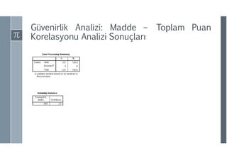 Güvenirlik Analizi: Madde – Toplam Puan
Korelasyonu Analizi Sonuçları
 