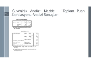 Güvenirlik Analizi: Madde – Toplam Puan
Korelasyonu Analizi Sonuçları
 