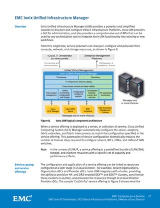EMC Ionix Unified Infrastructure Manager
Overview          Ionix Unified Infrastructure Manager (UIM) provides a powerful and simplified
                  solution to discover and configure Vblock Infrastructure Platforms. Ionix UIM provides
                  a GUI for administrators, and also provides a comprehensive set of APIs that can be
                  used by any orchestration tool to integrate Ionix UIM functionality into existing or new
                  workflows.

                  From this single tool, service providers can discover, configure and provision their
                  compute, network, and storage resources, as shown in Figure 8.




                  Figure 8.    Ionix UIM logical component architecture

                  When a service offering is deployed to a server, or collection of servers, Cisco Unified
                  Computing System (UCS) Manager automatically configures the server, adapters,
                  fabric extenders, and fabric interconnects to match the configuration specified in the
                  service offering. This automation of device configuration dramatically reduces the
                  number of manual steps required to configure servers, NICs, HBAs, and LAN and SAN
                  switches.

                  Note    In the context of UIM/P, a service offering is a predefined bundle of LAN/SAN,
                          storage, and vSphere resources with a specific set of capacity and
                          performance criteria.

Service catalog   The configuration and application of a service offering can be linked to resources
and service       configured at a later stage in vCloud Director—for example, tenant organizations,
offerings         Organization vDCs and Provider vDCs. Ionix UIM integrates with vCenter, providing
                  the ability to provision HA- and DRS-enabled ESX™ and ESXi™ clusters, synchronize
                  these clusters in vCenter, and provision the resources through to vCloud Director
                  Provider vDCs. The sample ‘CaaS-Infra’ service offering in Figure 9 shows what the


                   
                                                                                 EMC Compute-as-a-Service         17
                         EMC Ionix IT Orchestrator, VCE Vblock Infrastructure Platforms, VMware vCloud Director
 