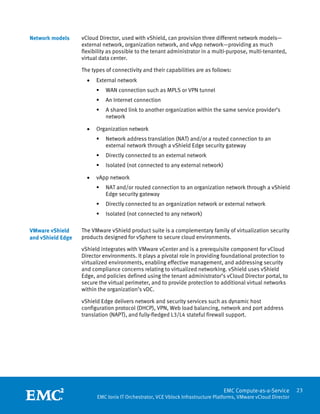 Network models     vCloud Director, used with vShield, can provision three different network models—
                   external network, organization network, and vApp network—providing as much
                   flexibility as possible to the tenant administrator in a multi-purpose, multi-tenanted,
                   virtual data center.

                   The types of connectivity and their capabilities are as follows:
                       •   External network
                              WAN connection such as MPLS or VPN tunnel
                              An Internet connection
                              A shared link to another organization within the same service provider’s
                              network

                       •   Organization network
                              Network address translation (NAT) and/or a routed connection to an
                              external network through a vShield Edge security gateway
                              Directly connected to an external network
                              Isolated (not connected to any external network)

                       •   vApp network
                              NAT and/or routed connection to an organization network through a vShield
                              Edge security gateway
                              Directly connected to an organization network or external network
                              Isolated (not connected to any network)

VMware vShield     The VMware vShield product suite is a complementary family of virtualization security
and vShield Edge   products designed for vSphere to secure cloud environments.

                   vShield integrates with VMware vCenter and is a prerequisite component for vCloud
                   Director environments. It plays a pivotal role in providing foundational protection to
                   virtualized environments, enabling effective management, and addressing security
                   and compliance concerns relating to virtualized networking. vShield uses vShield
                   Edge, and policies defined using the tenant administrator’s vCloud Director portal, to
                   secure the virtual perimeter, and to provide protection to additional virtual networks
                   within the organization’s vDC.

                   vShield Edge delivers network and security services such as dynamic host
                   configuration protocol (DHCP), VPN, Web load balancing, network and port address
                   translation (NAPT), and fully-fledged L3/L4 stateful firewall support.




                    
                                                                                   EMC Compute-as-a-Service         23
                           EMC Ionix IT Orchestrator, VCE Vblock Infrastructure Platforms, VMware vCloud Director
 
