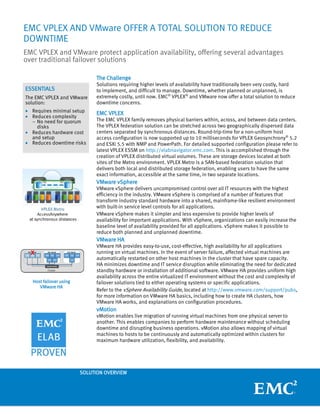 The Challenge
Solutions requiring higher levels of availability have traditionally been very costly, hard
to implement, and difficult to manage. Downtime, whether planned or unplanned, is
extremely costly, until now. EMC®
VPLEX®
and VMware now offer a total solution to reduce
downtime concerns.
EMC VPLEX
The EMC VPLEX family removes physical barriers within, across, and between data centers.
The VPLEX federation solution can be stretched across two geographically dispersed data
centers separated by synchronous distances. Round-trip-time for a non-uniform host
access configuration is now supported up to 10 milliseconds for VPLEX Geosynchrony®
5.2
and ESXi 5.5 with NMP and PowerPath. For detailed supported configuration please refer to
latest VPLEX ESSM on http://elabnavigator.emc.com. This is accomplished through the
creation of VPLEX distributed virtual volumes. These are storage devices located at both
sites of the Metro environment. VPLEX Metro is a SAN-based federation solution that
delivers both local and distributed storage federation, enabling users to have the same
exact information, accessible at the same time, in two separate locations.
VMware vSphere
VMware vSphere delivers uncompromised control over all IT resources with the highest
efficiency in the industry. VMware vSphere is comprised of a number of features that
transform industry standard hardware into a shared, mainframe-like resilient environment
with built-in service level controls for all applications.
VMware vSphere makes it simpler and less expensive to provide higher levels of
availability for important applications. With vSphere, organizations can easily increase the
baseline level of availability provided for all applications. vSphere makes it possible to
reduce both planned and unplanned downtime.
VMware HA
VMware HA provides easy-to-use, cost-effective, high availability for all applications
running on virtual machines. In the event of server failure, affected virtual machines are
automatically restarted on other host machines in the cluster that have spare capacity.
HA minimizes downtime and IT service disruption while eliminating the need for dedicated
standby hardware or installation of additional software. VMware HA provides uniform high
availability across the entire virtualized IT environment without the cost and complexity of
failover solutions tied to either operating systems or specific applications.
Refer to the vSphere Availability Guide, located at http://www.vmware.com/support/pubs,
for more information on VMware HA basics, including how to create HA clusters, how
VMware HA works, and explanations on configuration procedures.
vMotion
vMotion enables live migration of running virtual machines from one physical server to
another. This enables companies to perform hardware maintenance without scheduling
downtime and disrupting business operations. vMotion also allows mapping of virtual
machines to hosts to be continuously and automatically optimized within clusters for
maximum hardware utilization, flexibility, and availability.
EMC VPLEX Metro and VMware HA
EMC VPLEX AND VMware OFFER A TOTAL SOLUTION TO REDUCE
DOWNTIME
ESSENTIALS
The EMC VPLEX and VMware
solution:
• Requires minimal setup
• Reduces complexity
– No need for quorum
disks
• Reduces hardware cost
and setup
• Reduces downtime risks
EMC VPLEX and VMware protect application availability, offering several advantages
over traditional failover solutions
Host failover using
VMware HA
SOLUTION OVERVIEW
 