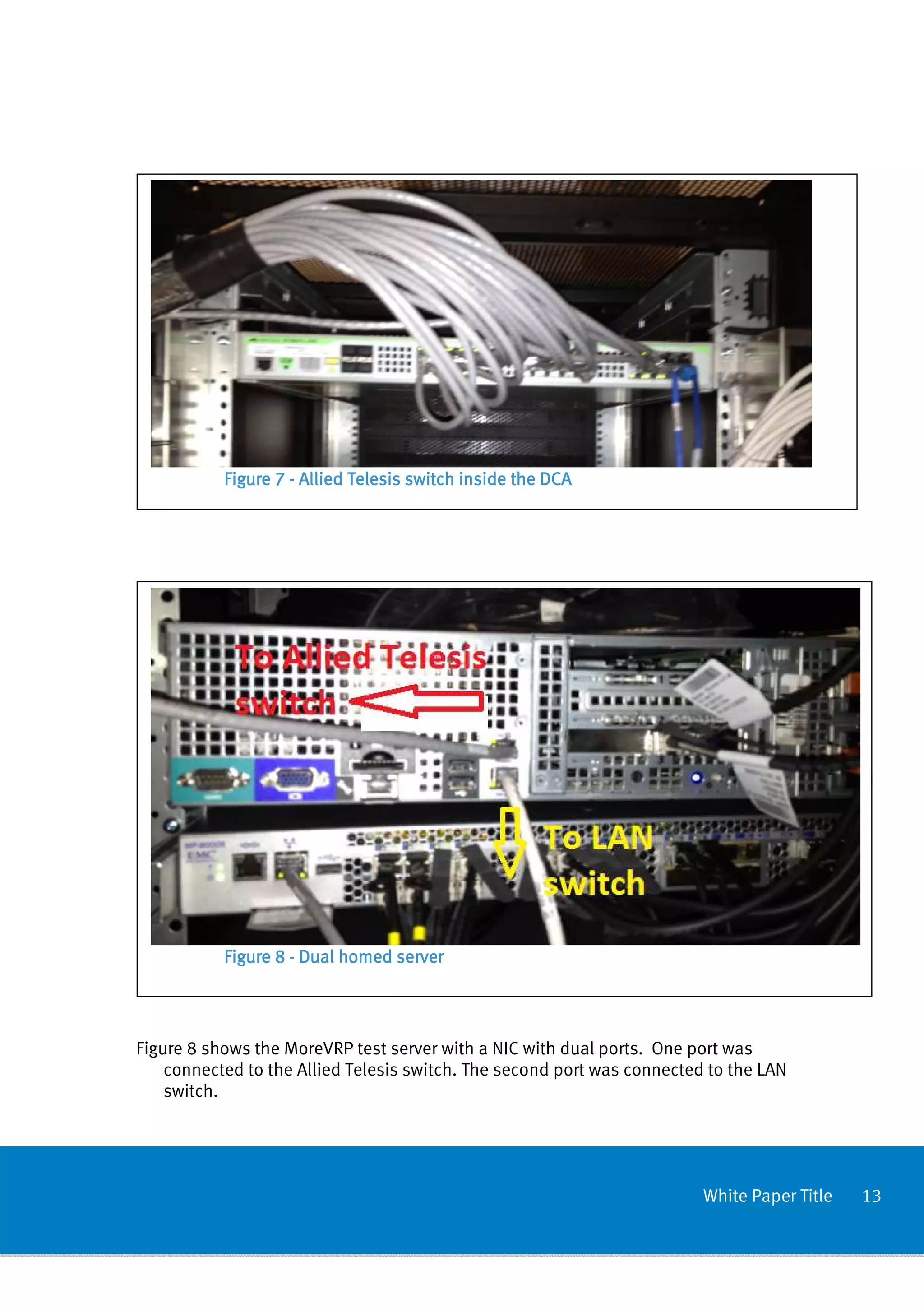 Figure 7 - Allied Telesis switch inside the DCA




           Figure 8 - Dual homed server




Figure 8 shows the MoreVRP test server with a NIC with dual ports. One port was
    connected to the Allied Telesis switch. The second port was connected to the LAN
    switch.




                                                                         White Paper Title   13
 