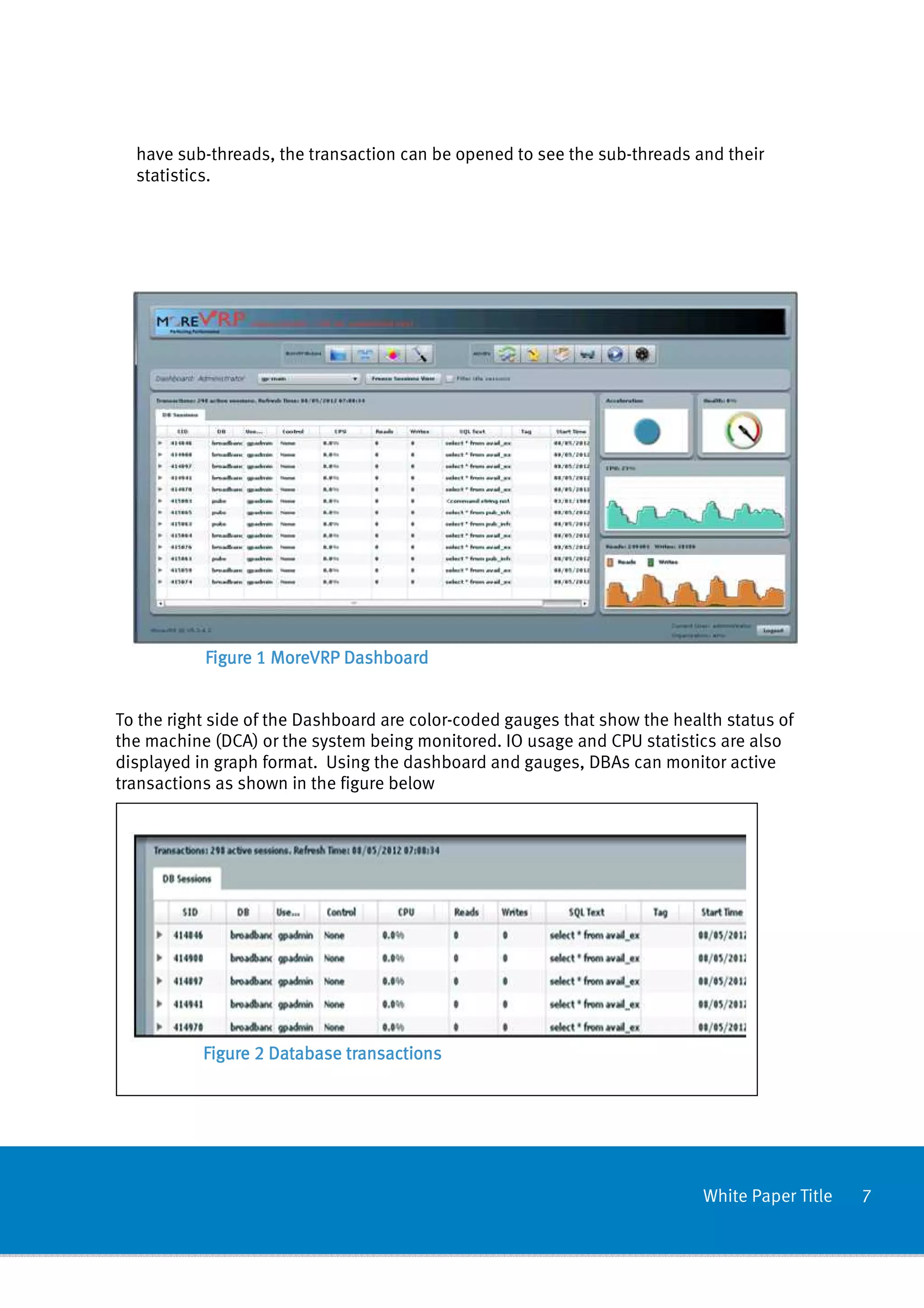 have sub-threads, the transaction can be opened to see the sub-threads and their
  statistics.




           Figure 1 MoreVRP Dashboard


To the right side of the Dashboard are color-coded gauges that show the health status of
the machine (DCA) or the system being monitored. IO usage and CPU statistics are also
displayed in graph format. Using the dashboard and gauges, DBAs can monitor active
transactions as shown in the figure below




           Figure 2 Database transactions




                                                                            White Paper Title   7
 