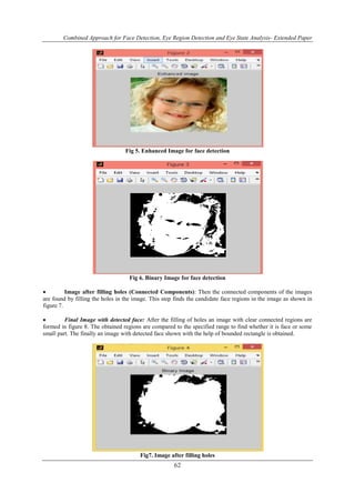 Combined Approach for Face Detection, Eye Region Detection and Eye State Analysis- Extended Paper 
Fig 5. Enhanced Image for face detection 
Fig 6. Binary Image for face detection 
 Image after filling holes (Connected Components): Then the connected components of the images 
are found by filling the holes in the image. This step finds the candidate face regions in the image as shown in 
figure 7. 
 Final Image with detected face: After the filling of holes an image with clear connected regions are 
formed in figure 8. The obtained regions are compared to the specified range to find whether it is face or some 
small part. The finally an image with detected face shown with the help of bounded rectangle is obtained. 
Fig7. Image after filling holes 
62 
 