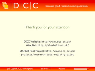 because good research needs good data
Thank you for your attention
DCC Website: http://www.dcc.ac.uk/
Alex Ball: http://al...