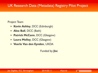 UK Research Data (Metadata) Registry Pilot Project
Project Team
Kevin Ashley, DCC (Edinburgh)
Alex Ball, DCC (Bath)
Patric...