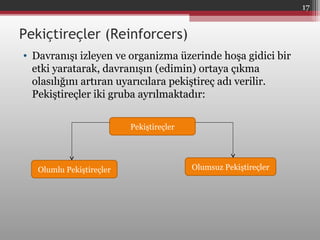 Pekiçtireçler (Reinforcers)
• Davranışı izleyen ve organizma üzerinde hoşa gidici bir
etki yaratarak, davranışın (edimin) ortaya çıkma
olasılığını artıran uyarıcılara pekiştireç adı verilir.
Pekiştireçler iki gruba ayrılmaktadır:
Pekiştireçler
Olumsuz PekiştireçlerOlumlu Pekiştireçler
17
 