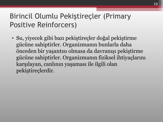 Birincil Olumlu Pekiştireçler (Primary
Positive Reinforcers)
• Su, yiyecek gibi bazı pekiştireçler doğal pekiştirme
gücüne sahiptirler. Organizmanın bunlarla daha
önceden bir yaşantısı olmasa da davranışı pekiştirme
gücüne sahiptirler. Organizmanın fiziksel ihtiyaçlarını
karşılayan, canlının yaşaması ile ilgili olan
pekiştireçlerdir.
19
 