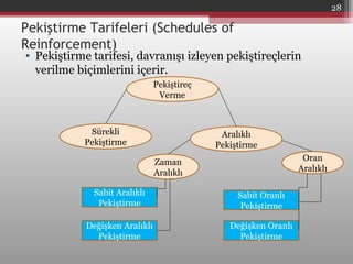 Pekiştirme Tarifeleri (Schedules of
Reinforcement)
• Pekiştirme tarifesi, davranışı izleyen pekiştireçlerin
verilme biçimlerini içerir.
Pekiştireç
Verme
Sürekli
Pekiştirme
Aralıklı
Pekiştirme
Sabit Aralıklı
Pekiştirme
Değişken Aralıklı
Pekiştirme
Sabit Oranlı
Pekiştirme
Değişken Oranlı
Pekiştirme
Zaman
Aralıklı
Oran
Aralıklı
28
 