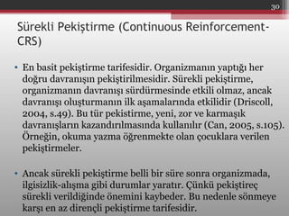 Sürekli Pekiştirme (Continuous Reinforcement-
CRS)
• En basit pekiştirme tarifesidir. Organizmanın yaptığı her
doğru davranışın pekiştirilmesidir. Sürekli pekiştirme,
organizmanın davranışı sürdürmesinde etkili olmaz, ancak
davranışı oluşturmanın ilk aşamalarında etkilidir (Driscoll,
2004, s.49). Bu tür pekistirme, yeni, zor ve karmaşık
davranışların kazandırılmasında kullanılır (Can, 2005, s.105).
Örneğin, okuma yazma öğrenmekte olan çocuklara verilen
pekiştirmeler.
• Ancak sürekli pekiştirme belli bir süre sonra organizmada,
ilgisizlik-alışma gibi durumlar yaratır. Çünkü pekiştireç
sürekli verildiğinde önemini kaybeder. Bu nedenle sönmeye
karşı en az dirençli pekiştirme tarifesidir.
30
 