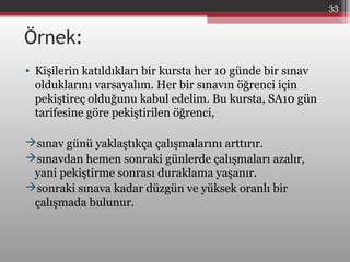 Örnek:
• Kişilerin katıldıkları bir kursta her 10 günde bir sınav
olduklarını varsayalım. Her bir sınavın öğrenci için
pekiştireç olduğunu kabul edelim. Bu kursta, SA10 gün
tarifesine göre pekiştirilen öğrenci,
sınav günü yaklaştıkça çalışmalarını arttırır.
sınavdan hemen sonraki günlerde çalışmaları azalır,
yani pekiştirme sonrası duraklama yaşanır.
sonraki sınava kadar düzgün ve yüksek oranlı bir
çalışmada bulunur.
33
 
