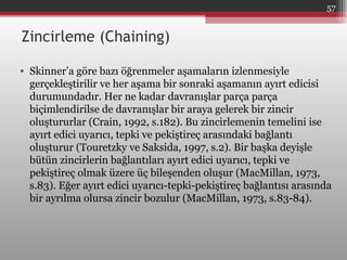 Zincirleme (Chaining)
• Skinner’a göre bazı öğrenmeler aşamaların izlenmesiyle
gerçekleştirilir ve her aşama bir sonraki aşamanın ayırt edicisi
durumundadır. Her ne kadar davranışlar parça parça
biçimlendirilse de davranışlar bir araya gelerek bir zincir
oluştururlar (Crain, 1992, s.182). Bu zincirlemenin temelini ise
ayırt edici uyarıcı, tepki ve pekiştireç arasındaki bağlantı
oluşturur (Touretzky ve Saksida, 1997, s.2). Bir başka deyişle
bütün zincirlerin bağlantıları ayırt edici uyarıcı, tepki ve
pekiştireç olmak üzere üç bileşenden oluşur (MacMillan, 1973,
s.83). Eğer ayırt edici uyarıcı-tepki-pekiştireç bağlantısı arasında
bir ayrılma olursa zincir bozulur (MacMillan, 1973, s.83-84).
57
 