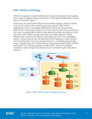 EMC VPLEX technology

VPLEX encapsulates traditional physical storage array devices and applies
three layers of logical abstraction to them. The logical relationships of each
layer are shown in Figure 1.
Extents are the mechanism VPLEX uses to divide storage volumes. Extents
may be all or part of the underlying storage volume. EMC VPLEX
aggregates extents and applies RAID protection in the device layer.
Devices are constructed using one or more extents and can be combined
into more complex RAID schemes and device structures as desired. At the
top layer of the VPLEX storage structures are virtual volumes. Virtual
volumes are created from devices and inherit the size of the underlying
device. Virtual volumes are the elements VPLEX exposes to hosts using its
Front End (FE) ports. Access to virtual volumes is controlled using storage
views. Storage views are comparable to Auto-provisioning Groups on EMC
Symmetrix® or to storage groups on EMC VNX®. They act as logical
containers determining host initiator access to VPLEX FE ports and virtual
volumes.




               Figure 1 EMC VPLEX Logical Storage Structures




        USING VMWARE FAULT TOLERANCE AND HIGH AVAILABILITY WITH                  10
        VPLEX™ METRO HA FOR ULTIMATE AVAILABILITY
 