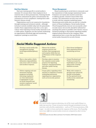 ADDRESSING THE GAPS



               End-User Behavior                                                      Threat Management
                   End-user training specific to social media is                          Brand monitoring on social sites is commonly used
               essential. It’s not just about what employees do at                    by corporations to help manage reputational issues.
               work but also on their personal time. Training should                  Customer care teams also monitor social sites
               help them understand the policy and internalize the                    to address specific customer issues before they
               consequences of non-compliance, making them safer                      escalate. The information-security team needs
               Internet citizens overall.                                             to work with the corporate marketing teams.
                   Organizations need to set constructive boundaries                  Monitoring social media sites can also be a valuable
               through training and technical controls – although                     source of threat intelligence. Social media threats
               technical controls available today lack the granularity                (YourCompanySucks.com) are not necessarily cyber-
               needed. Some organizations may have a very open                        security issues, but security should be informed of
               culture where blocking of social media channels is not                 anything that points to possible cyber threats, such as
               a viable option. Programs can also include moderating                  hacktivist postings or discussions regarding possible
               an organization’s Facebook page and monitoring                         targeted attacks directed at the company. Some
               employees’ postings on social sites.                                   organizations have a team that specifically monitors
                                                                                      social media channels for security threats.




                  Social Media Suggested Actions:
                     •	  evelop a social media risk
                        D                                       •	  ature the incident-
                                                                   M                                          •	  ain threat intelligence
                                                                                                                 G
                        management strategy                        response process and                          from reputation/brand-
                        involving a multidisciplinary              include crisis management                     monitoring services.
                        team.                                      and surprise drills that test
                                                                   performance of the response
                                                                   team.
                     •	  ave a clear policy which
                        H                                       •	  evelop a plan to monitor
                                                                   D                                          •	  reate Facebook and
                                                                                                                 C
                        delineates responsibilities                the corporate social media                    Twitter accounts for
                        and covers code of conduct                 presence for hijacking,                       leadership to pre-empt
                        and incident response.                     malware, misrepresentation,                   others from creating
                                                                   and other public-facing                       falsified accounts.
                                                                   threats.
                     •	  eliver ongoing end-user
                        D                                       •	  reate policy regarding when
                                                                   C                                          •	  ork with vendors to
                                                                                                                 W
                        awareness training                         and how to respond to rumors/                 develop more advanced,
                        programs including                         misleading statements                         flexible technologies
                        educating employees                        regarding your organization,                  for fine-grained social
                        on what information                        such as its security posture.                 media access control and
                        is appropriate to post                                                                   monitoring.
                        on social channels and
                        monitor employees’ social
                        media activities.




                                                              For social media response planning, one of the most useful things is a
                                                              table-top exercise. Create scenarios and go through simulated events in
                                                              real time with all of the stakeholders – such as IT, Communications, HR,
                                                              Legal – in order to train and test the response of the team. You’ll quickly
                                                              learn how different social media events are compared to other events.”
                                                              VISHAL SALVI
                                                              Chief Information Security Officer and Senior Vice President, HDFC Bank Limited




    8|   SBIC special Report   | RSA, The Security Division of EMC
 