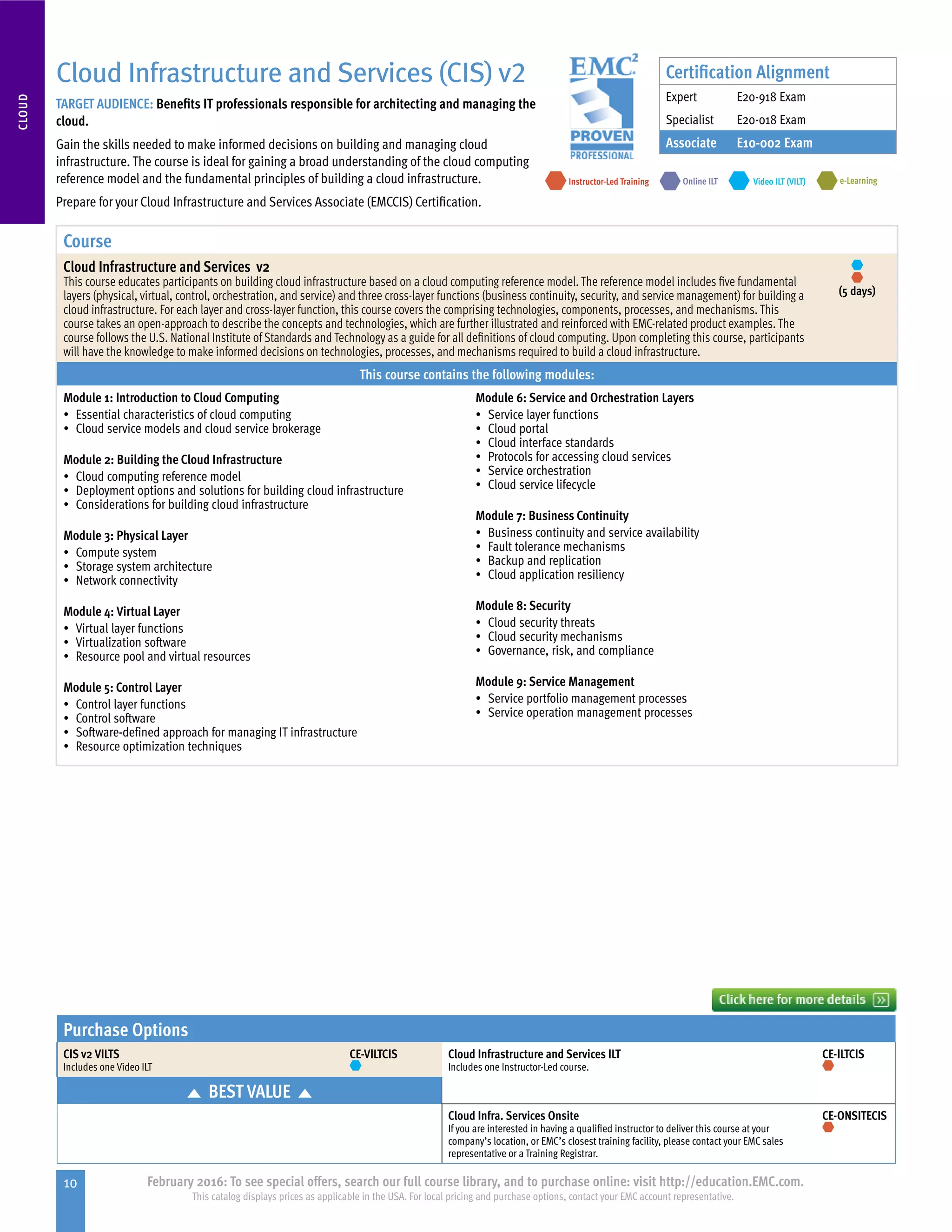 10 February 2016: To see special offers, search our full course library, and to purchase online: visit http://education.EMC.com.
This catalog displays prices as applicable in the USA. For local pricing and purchase options, contact your EMC account representative.
CLOUD
Cloud Infrastructure and Services (CIS) v2
TARGET AUDIENCE: Benefits IT professionals responsible for architecting and managing the
cloud.
Gain the skills needed to make informed decisions on building and managing cloud
infrastructure. The course is ideal for gaining a broad understanding of the cloud computing
reference model and the fundamental principles of building a cloud infrastructure.
Prepare for your Cloud Infrastructure and Services Associate (EMCCIS) Certification.
e-LearningInstructor-Led Training Video ILT (VILT)Online ILT
Course
Cloud Infrastructure and Services v2
This course educates participants on building cloud infrastructure based on a cloud computing reference model. The reference model includes five fundamental
layers (physical, virtual, control, orchestration, and service) and three cross-layer functions (business continuity, security, and service management) for building a
cloud infrastructure. For each layer and cross-layer function, this course covers the comprising technologies, components, processes, and mechanisms. This
course takes an open-approach to describe the concepts and technologies, which are further illustrated and reinforced with EMC-related product examples. The
course follows the U.S. National Institute of Standards and Technology as a guide for all definitions of cloud computing. Upon completing this course, participants
will have the knowledge to make informed decisions on technologies, processes, and mechanisms required to build a cloud infrastructure.
(5 days)
This course contains the following modules:
Module 1: Introduction to Cloud Computing
•	 Essential characteristics of cloud computing
•	 Cloud service models and cloud service brokerage
Module 2: Building the Cloud Infrastructure
•	 Cloud computing reference model
•	 Deployment options and solutions for building cloud infrastructure
•	 Considerations for building cloud infrastructure
Module 3: Physical Layer
•	 Compute system
•	 Storage system architecture
•	 Network connectivity
Module 4: Virtual Layer
•	 Virtual layer functions
•	 Virtualization software
•	 Resource pool and virtual resources
Module 5: Control Layer
•	 Control layer functions
•	 Control software
•	 Software-defined approach for managing IT infrastructure
•	 Resource optimization techniques
Module 6: Service and Orchestration Layers
•	 Service layer functions
•	 Cloud portal
•	 Cloud interface standards
•	 Protocols for accessing cloud services
•	 Service orchestration
•	 Cloud service lifecycle
Module 7: Business Continuity
•	 Business continuity and service availability
•	 Fault tolerance mechanisms
•	 Backup and replication
•	 Cloud application resiliency
Module 8: Security
•	 Cloud security threats
•	 Cloud security mechanisms
•	 Governance, risk, and compliance
Module 9: Service Management
•	 Service portfolio management processes
•	 Service operation management processes
Purchase Options
CIS v2 VILTS
Includes one Video ILT
CE-VILTCIS Cloud Infrastructure and Services ILT
Includes one Instructor-Led course.
CE-ILTCIS
BEST VALUE
Cloud Infra. Services Onsite
If you are interested in having a qualified instructor to deliver this course at your
company’s location, or EMC’s closest training facility, please contact your EMC sales
representative or a Training Registrar.
CE-ONSITECIS
Certification Alignment
Expert E20-918 Exam
Specialist E20-018 Exam
Associate E10-002 Exam
 