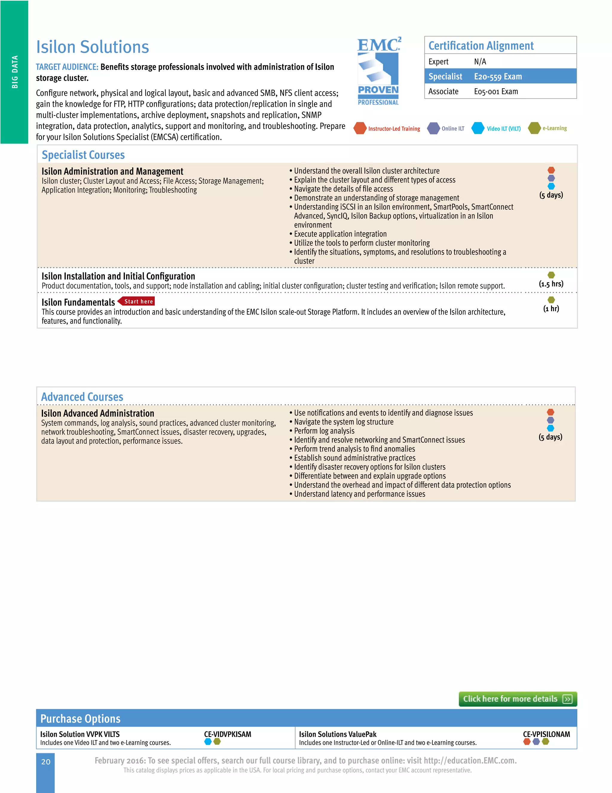 20 February 2016: To see special offers, search our full course library, and to purchase online: visit http://education.EMC.com.
This catalog displays prices as applicable in the USA. For local pricing and purchase options, contact your EMC account representative.
BIGDATA
Isilon Solutions
TARGET AUDIENCE: Benefits storage professionals involved with administration of Isilon
storage cluster.
Configure network, physical and logical layout, basic and advanced SMB, NFS client access;
gain the knowledge for FTP, HTTP configurations; data protection/replication in single and
multi-cluster implementations, archive deployment, snapshots and replication, SNMP
integration, data protection, analytics, support and monitoring, and troubleshooting. Prepare
for your Isilon Solutions Specialist (EMCSA) certification.
e-LearningInstructor-Led Training Video ILT (VILT)Online ILT
Specialist Courses
Isilon Administration and Management
Isilon cluster; Cluster Layout and Access; File Access; Storage Management;
Application Integration; Monitoring; Troubleshooting
•	Understand the overall Isilon cluster architecture
•	Explain the cluster layout and different types of access
•	Navigate the details of file access
•	Demonstrate an understanding of storage management
•	Understanding iSCSI in an Isilon environment, SmartPools, SmartConnect
Advanced, SyncIQ, Isilon Backup options, virtualization in an Isilon
environment
•	Execute application integration
•	Utilize the tools to perform cluster monitoring
•	Identify the situations, symptoms, and resolutions to troubleshooting a
cluster
(5 days)
Isilon Installation and Initial Configuration
Product documentation, tools, and support; node installation and cabling; initial cluster configuration; cluster testing and verification; Isilon remote support. (1.5 hrs)
Isilon Fundamentals Start here
This course provides an introduction and basic understanding of the EMC Isilon scale-out Storage Platform. It includes an overview of the Isilon architecture,
features, and functionality.
(1 hr)
Purchase Options
Isilon Solution VVPK VILTS
Includes one Video ILT and two e-Learning courses.
CE-VIDVPKISAM Isilon Solutions ValuePak
Includes one Instructor-Led or Online-ILT and two e-Learning courses.
CE-VPISILONAM
Certification Alignment
Expert N/A
Specialist E20-559 Exam
Associate E05-001 Exam
Advanced Courses
Isilon Advanced Administration
System commands, log analysis, sound practices, advanced cluster monitoring,
network troubleshooting, SmartConnect issues, disaster recovery, upgrades,
data layout and protection, performance issues.
•	Use notifications and events to identify and diagnose issues
•	Navigate the system log structure
•	Perform log analysis
•	Identify and resolve networking and SmartConnect issues
•	Perform trend analysis to find anomalies
•	Establish sound administrative practices
•	Identify disaster recovery options for Isilon clusters
•	Differentiate between and explain upgrade options
•	Understand the overhead and impact of different data protection options
•	Understand latency and performance issues
(5 days)
 