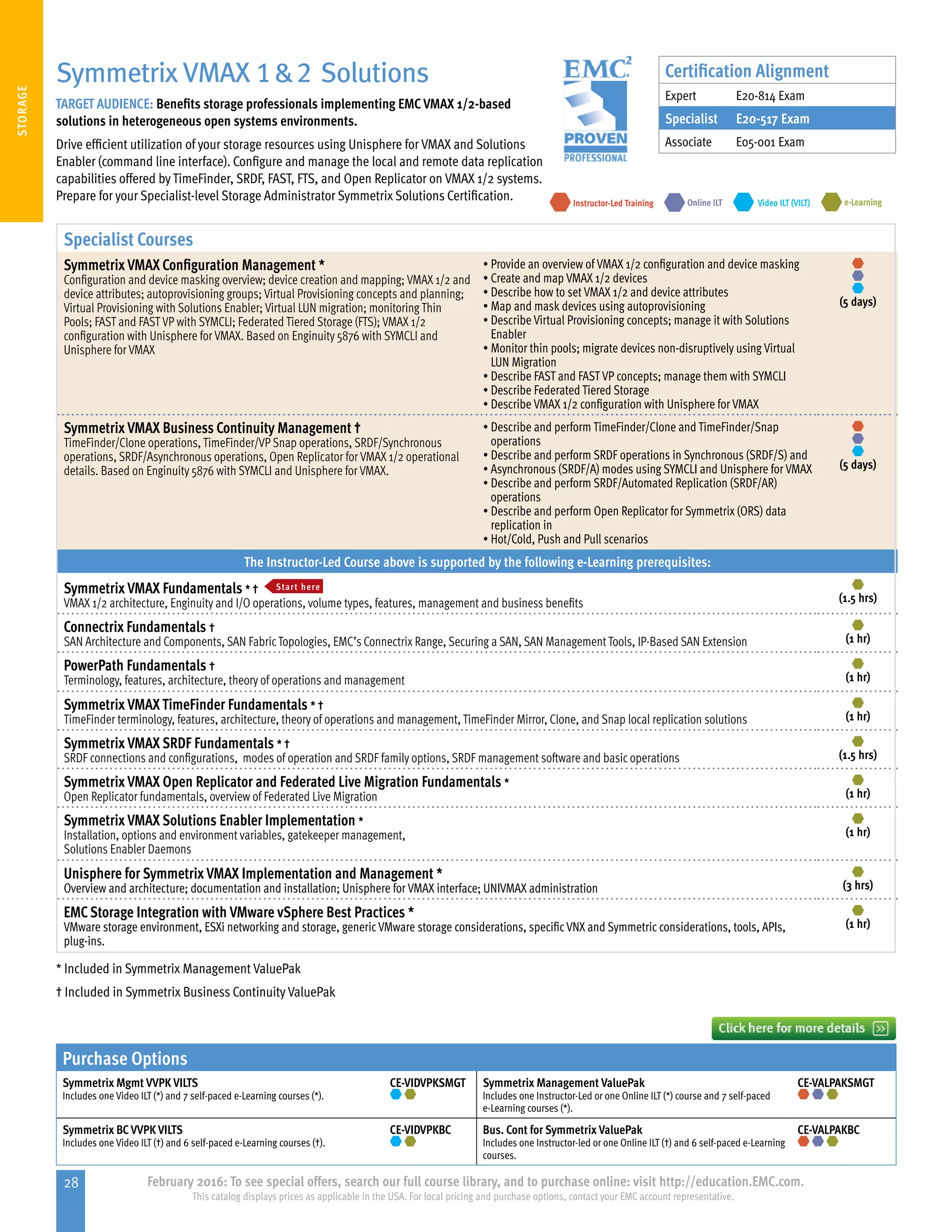 28 February 2016: To see special offers, search our full course library, and to purchase online: visit http://education.EMC.com.
This catalog displays prices as applicable in the USA. For local pricing and purchase options, contact your EMC account representative.
STORAGE
Purchase Options
Symmetrix Mgmt VVPK VILTS
Includes one Video ILT (*) and 7 self-paced e-Learning courses (*).
CE-VIDVPKSMGT Symmetrix Management ValuePak
Includes one Instructor-Led or one Online ILT (*) course and 7 self-paced
e-Learning courses (*).
CE-VALPAKSMGT
Symmetrix BC VVPK VILTS
Includes one Video ILT (†) and 6 self-paced e-Learning courses (†).
CE-VIDVPKBC Bus. Cont for Symmetrix ValuePak
Includes one Instructor-led or one Online ILT (†) and 6 self-paced e-Learning
courses.
CE-VALPAKBC
Specialist Courses
Symmetrix VMAX Configuration Management *
Configuration and device masking overview; device creation and mapping; VMAX 1/2 and
device attributes; autoprovisioning groups; Virtual Provisioning concepts and planning;
Virtual Provisioning with Solutions Enabler; Virtual LUN migration; monitoring Thin
Pools; FAST and FAST VP with SYMCLI; Federated Tiered Storage (FTS); VMAX 1/2
configuration with Unisphere for VMAX. Based on Enginuity 5876 with SYMCLI and
Unisphere for VMAX
•	Provide an overview of VMAX 1/2 configuration and device masking
•	Create and map VMAX 1/2 devices
•	Describe how to set VMAX 1/2 and device attributes
•	Map and mask devices using autoprovisioning
•	Describe Virtual Provisioning concepts; manage it with Solutions
Enabler
•	Monitor thin pools; migrate devices non-disruptively using Virtual
LUN Migration
•	Describe FAST and FAST VP concepts; manage them with SYMCLI
•	Describe Federated Tiered Storage
•	Describe VMAX 1/2 configuration with Unisphere for VMAX
(5 days)
Symmetrix VMAX Business Continuity Management †
TimeFinder/Clone operations, TimeFinder/VP Snap operations, SRDF/Synchronous
operations, SRDF/Asynchronous operations, Open Replicator for VMAX 1/2 operational
details. Based on Enginuity 5876 with SYMCLI and Unisphere for VMAX.
•	Describe and perform TimeFinder/Clone and TimeFinder/Snap
operations
•	Describe and perform SRDF operations in Synchronous (SRDF/S) and
•	Asynchronous (SRDF/A) modes using SYMCLI and Unisphere for VMAX
•	Describe and perform SRDF/Automated Replication (SRDF/AR)
operations
•	Describe and perform Open Replicator for Symmetrix (ORS) data
replication in
•	Hot/Cold, Push and Pull scenarios
(5 days)
The Instructor-Led Course above is supported by the following e-Learning prerequisites:
Symmetrix VMAX Fundamentals * † Start here
VMAX 1/2 architecture, Enginuity and I/O operations, volume types, features, management and business benefits (1.5 hrs)
Connectrix Fundamentals †
SAN Architecture and Components, SAN FabricTopologies, EMC’s Connectrix Range, Securing a SAN, SAN Management Tools, IP-Based SAN Extension (1 hr)
PowerPath Fundamentals †
Terminology, features, architecture, theory of operations and management (1 hr)
Symmetrix VMAX TimeFinder Fundamentals * †
TimeFinder terminology, features, architecture, theory of operations and management, TimeFinder Mirror, Clone, and Snap local replication solutions (1 hr)
Symmetrix VMAX SRDF Fundamentals * †
SRDF connections and configurations, modes of operation and SRDF family options, SRDF management software and basic operations (1.5 hrs)
Symmetrix VMAX Open Replicator and Federated Live Migration Fundamentals *
Open Replicator fundamentals, overview of Federated Live Migration (1 hr)
Symmetrix VMAX Solutions Enabler Implementation *
Installation, options and environment variables, gatekeeper management,
Solutions Enabler Daemons
(1 hr)
Unisphere for Symmetrix VMAX Implementation and Management *
Overview and architecture; documentation and installation; Unisphere for VMAX interface; UNIVMAX administration (3 hrs)
EMCStorage Integration with VMware vSphere Best Practices *
VMware storage environment, ESXi networking and storage, generic VMware storage considerations, specific VNX and Symmetric considerations, tools, APIs,
plug-ins.
(1 hr)
Symmetrix VMAX 12 Solutions
TARGET AUDIENCE: Benefits storage professionals implementing EMC VMAX 1/2-based
solutions in heterogeneous open systems environments.
Drive efficient utilization of your storage resources using Unisphere for VMAX and Solutions
Enabler (command line interface). Configure and manage the local and remote data replication
capabilities offered by TimeFinder, SRDF, FAST, FTS, and Open Replicator on VMAX 1/2 systems.
Prepare for your Specialist-level Storage Administrator Symmetrix Solutions Certification. e-LearningInstructor-Led Training Video ILT (VILT)Online ILT
Certification Alignment
Expert E20-814 Exam
Specialist E20-517 Exam
Associate E05-001 Exam
* Included in Symmetrix Management ValuePak
† Included in Symmetrix Business Continuity ValuePak
 
