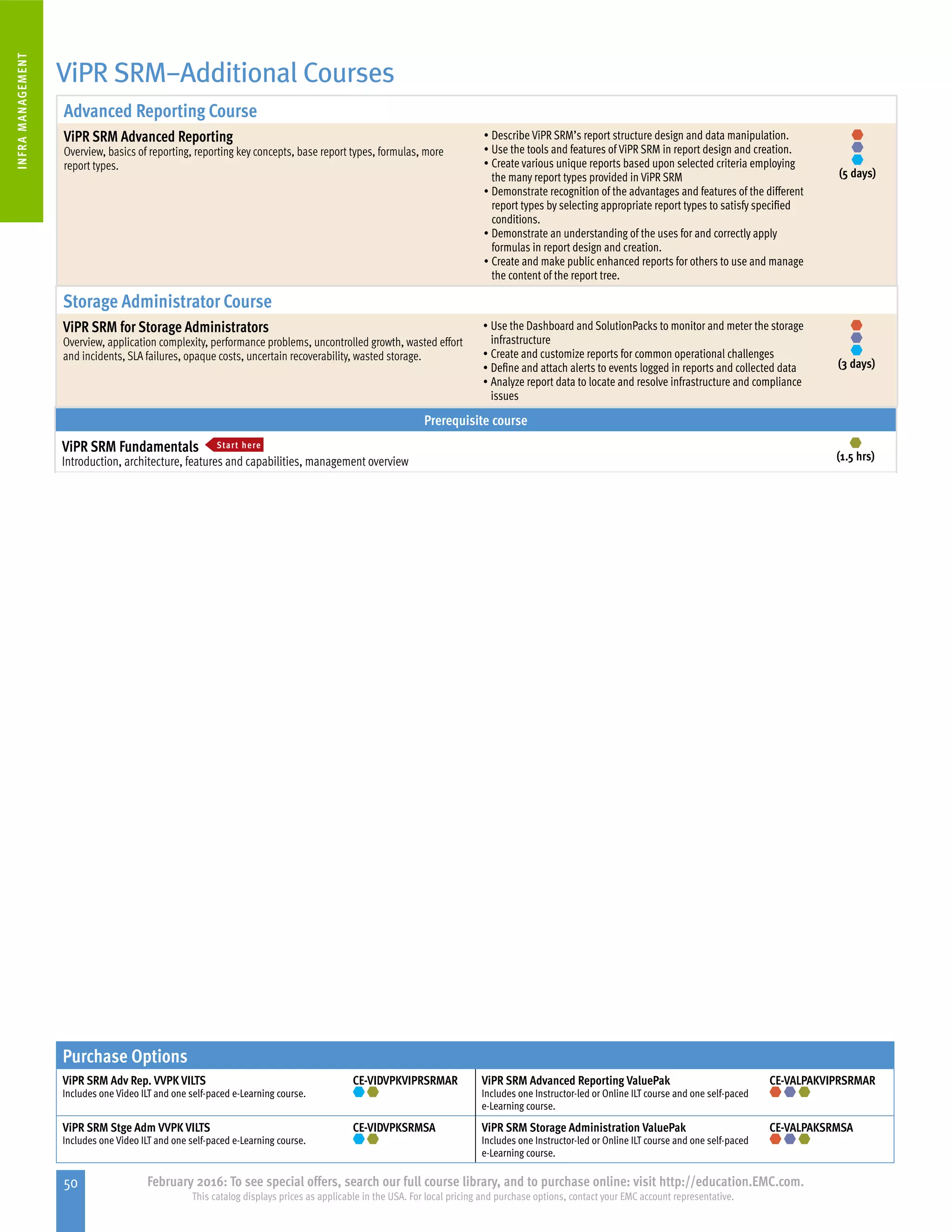 50 February 2016: To see special offers, search our full course library, and to purchase online: visit http://education.EMC.com.
This catalog displays prices as applicable in the USA. For local pricing and purchase options, contact your EMC account representative.
INFRAMANAGEMENT
ViPR SRM­­–Additional Courses
Advanced Reporting Course
ViPR SRM Advanced Reporting
Overview, basics of reporting, reporting key concepts, base report types, formulas, more
report types.
•	Describe ViPR SRM’s report structure design and data manipulation.
•	Use the tools and features of ViPR SRM in report design and creation.
•	Create various unique reports based upon selected criteria employing
the many report types provided in ViPR SRM
•	Demonstrate recognition of the advantages and features of the different
report types by selecting appropriate report types to satisfy specified
conditions.
•	Demonstrate an understanding of the uses for and correctly apply
formulas in report design and creation.
•	Create and make public enhanced reports for others to use and manage
the content of the report tree.
(5 days)
Purchase Options
ViPR SRM Adv Rep. VVPK VILTS
Includes one Video ILT and one self-paced e-Learning course.
CE-VIDVPKVIPRSRMAR ViPR SRM Advanced Reporting ValuePak
Includes one Instructor-led or Online ILT course and one self-paced
e-Learning course.
CE-VALPAKVIPRSRMAR
ViPR SRM Stge Adm VVPK VILTS
Includes one Video ILT and one self-paced e-Learning course.
CE-VIDVPKSRMSA ViPR SRM Storage Administration ValuePak
Includes one Instructor-led or Online ILT course and one self-paced
e-Learning course.
CE-VALPAKSRMSA
Storage Administrator Course
ViPR SRM for Storage Administrators
Overview, application complexity, performance problems, uncontrolled growth, wasted effort
and incidents, SLA failures, opaque costs, uncertain recoverability, wasted storage.
•	Use the Dashboard and SolutionPacks to monitor and meter the storage
infrastructure
•	Create and customize reports for common operational challenges
•	Define and attach alerts to events logged in reports and collected data
•	Analyze report data to locate and resolve infrastructure and compliance
issues
(3 days)
Prerequisite course
ViPR SRM Fundamentals Start here
Introduction, architecture, features and capabilities, management overview (1.5 hrs)
 