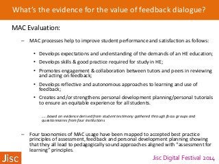 Jisc Digital Festival 2014
What’s the evidence for the value of feedback dialogue?
MAC Evaluation:
– MAC processes help to improve student performance and satisfaction as follows:
• Develops expectations and understanding of the demands of an HE education;
• Develops skills & good practice required for study in HE;
• Promotes engagement & collaboration between tutors and peers in reviewing
and acting on feedback;
• Develops reflective and autonomous approaches to learning and use of
feedback;
• Creates and/or strengthens personal development planning/personal tutorials
to ensure an equitable experience for all students.
…..based on evidence derived from student testimony gathered through focus groups and
questionnaires from four institutions
– Four taxonomies of MAC usage have been mapped to accepted best practice
principles of assessment, feedback and personal development planning showing
that they all lead to pedagogically sound approaches aligned with “assessment for
learning” principles.
 
