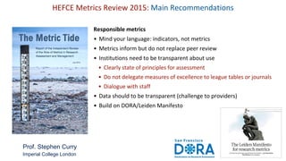 HEFCE Metrics Review 2015: Main Recommendations
Responsible metrics
• Mind your language: indicators, not metrics
• Metrics inform but do not replace peer review
• Institutions need to be transparent about use
• Clearly state of principles for assessment
• Do not delegate measures of excellence to league tables or journals
• Dialogue with staff
• Data should to be transparent (challenge to providers)
• Build on DORA/Leiden Manifesto
Prof. Stephen Curry
Imperial College London
 