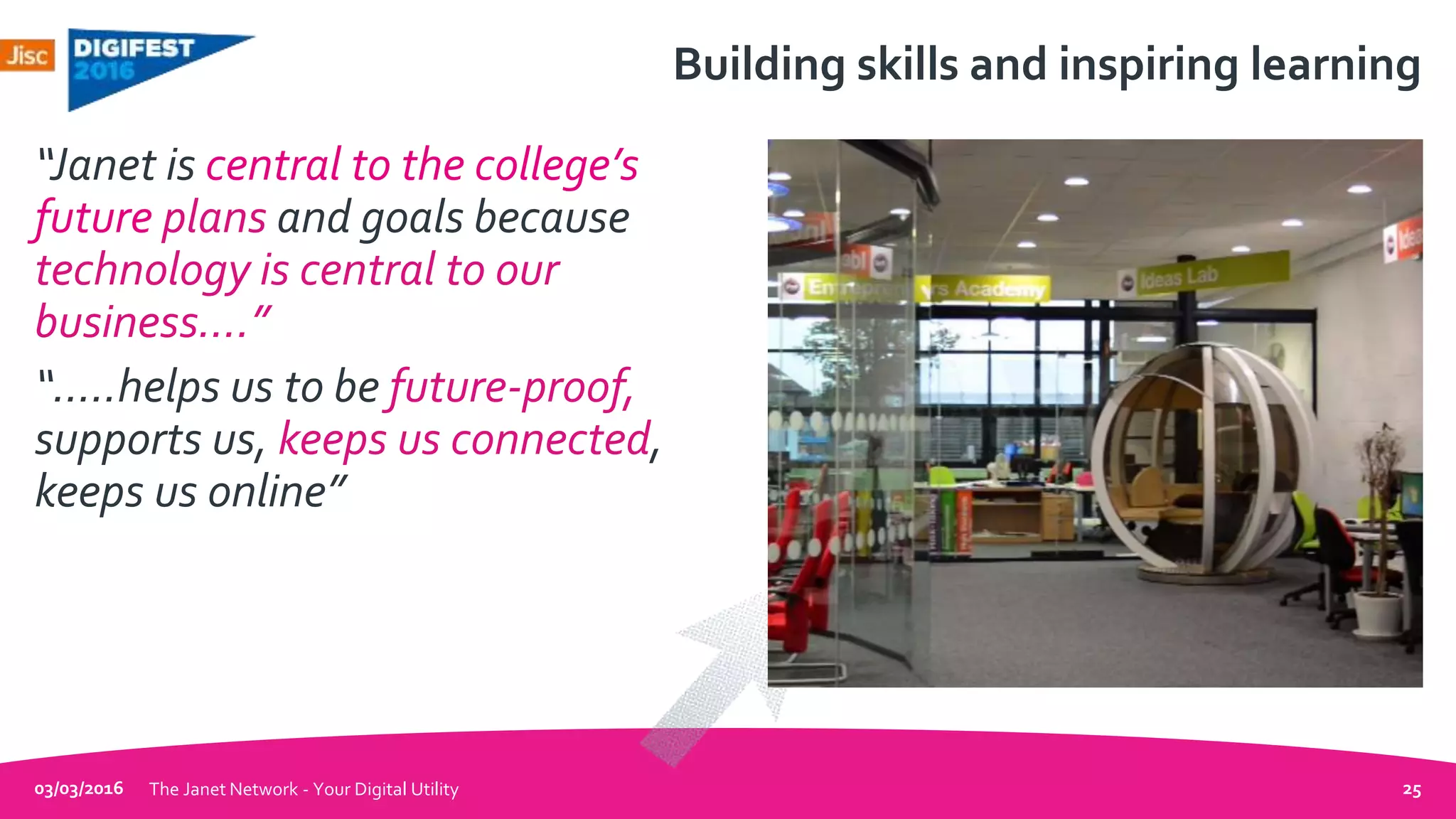 Building skills and inspiring learning
“Janet is central to the college’s
future plans and goals because
technology is central to our
business….”
“…..helps us to be future-proof,
supports us, keeps us connected,
keeps us online”
03/03/2016 The Janet Network - Your Digital Utility 25
 